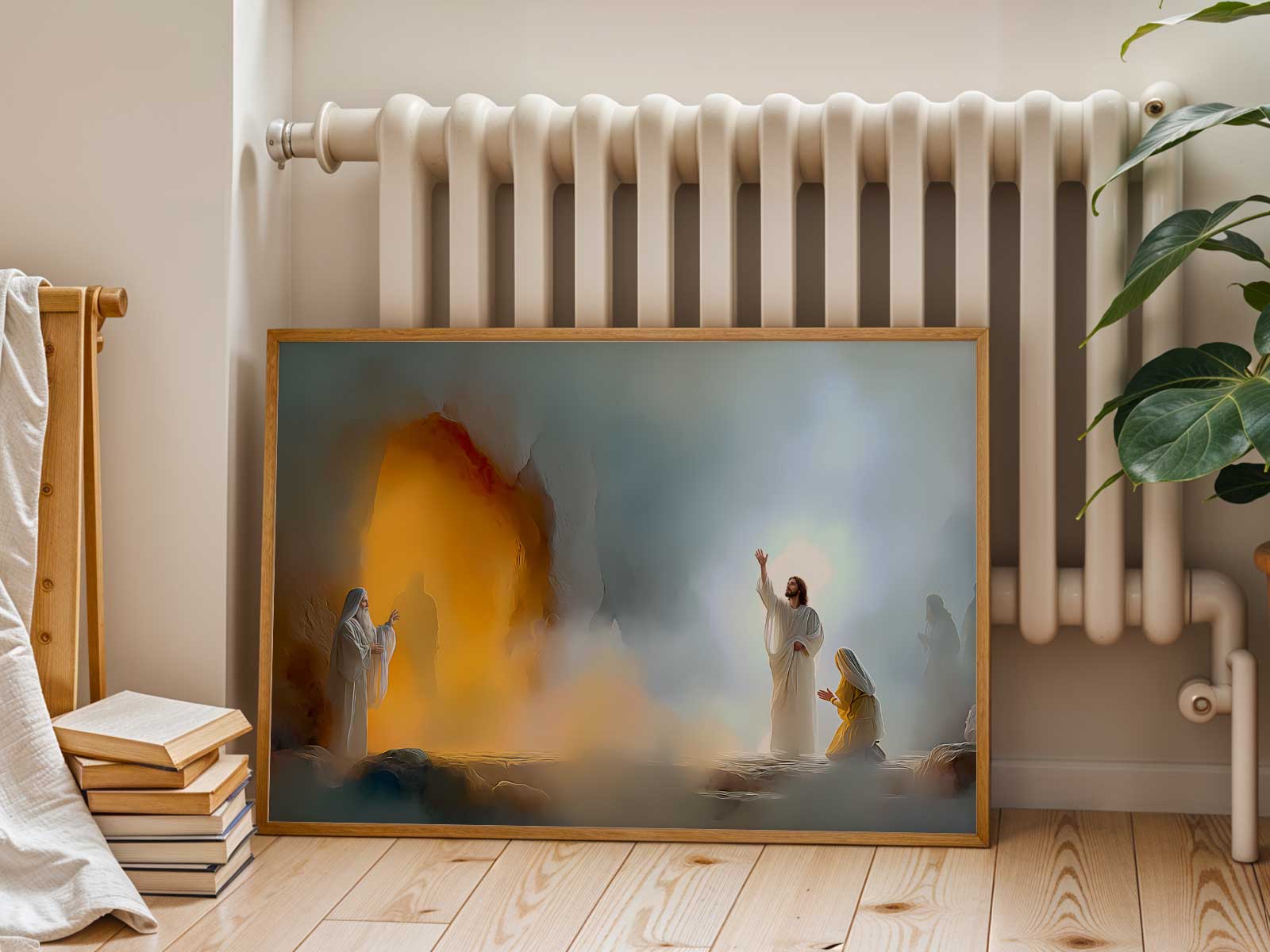 Contemporary icon painting of Christ with prominent Alpha and Omega letters, modern expression of ancient hope