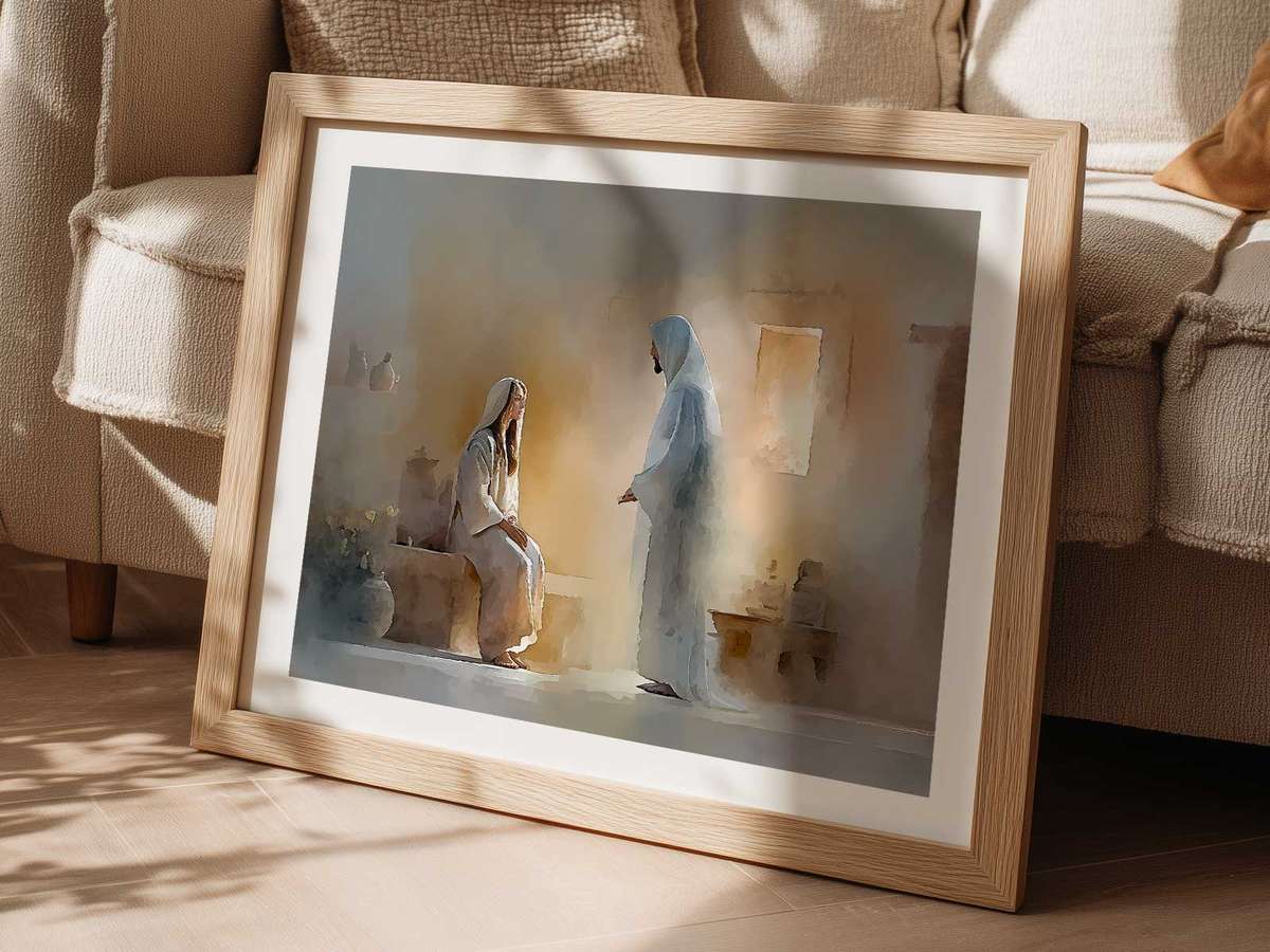 Angel Gabriel extending a hand toward Mary, painted with muted colors and visible age marks
