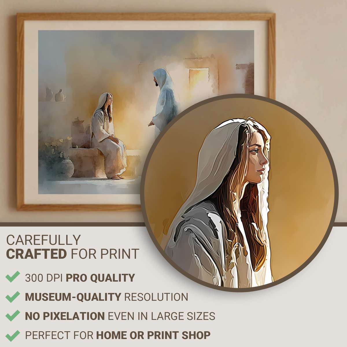 Detail of a famous Christ painting showing the Angel Gabriel approaching Mary at the moment of the Annunciation, soft…