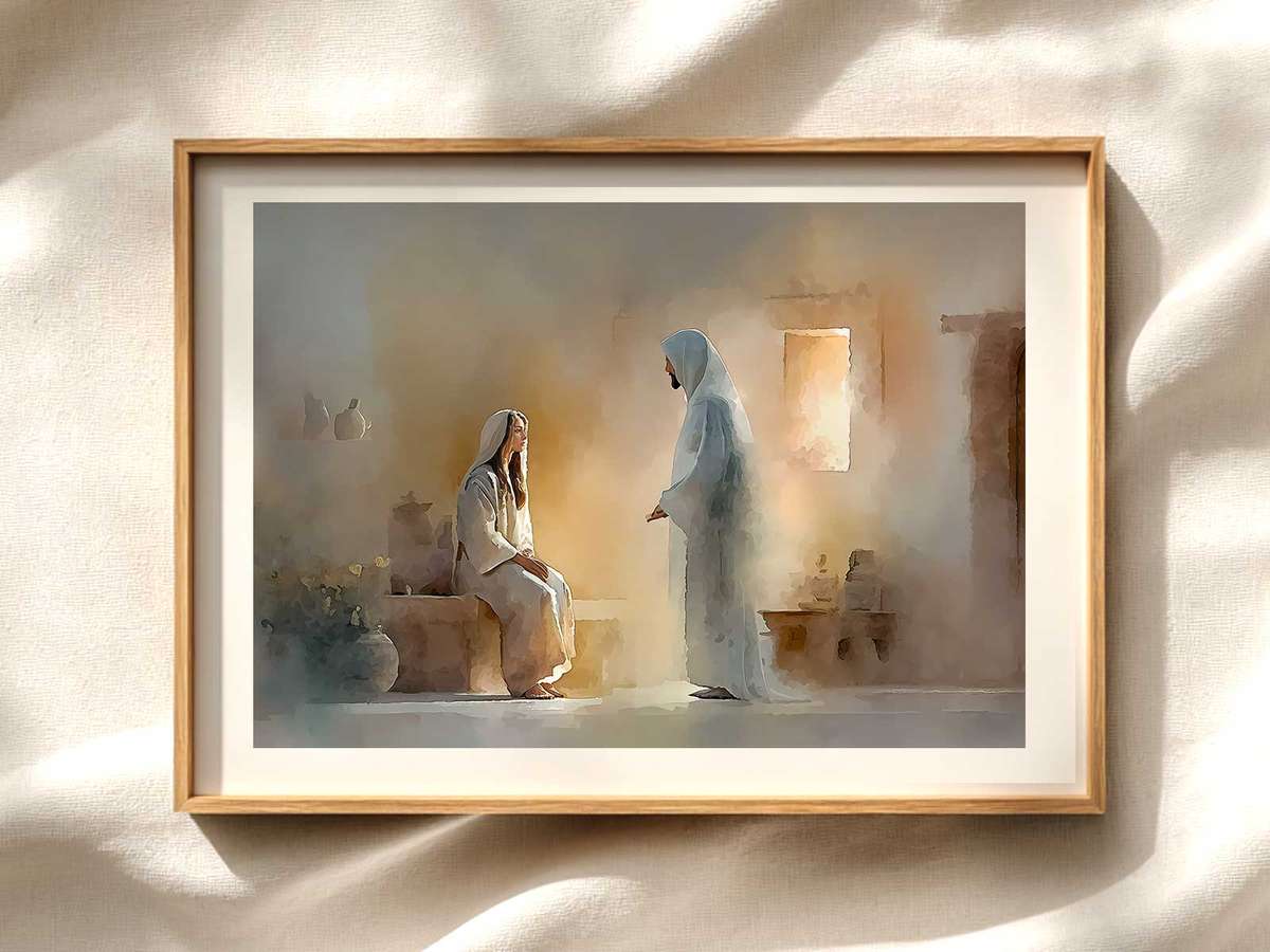 Annunciation scene in a classical devotional style showing Gabriel approaching Mary near a modest home altar