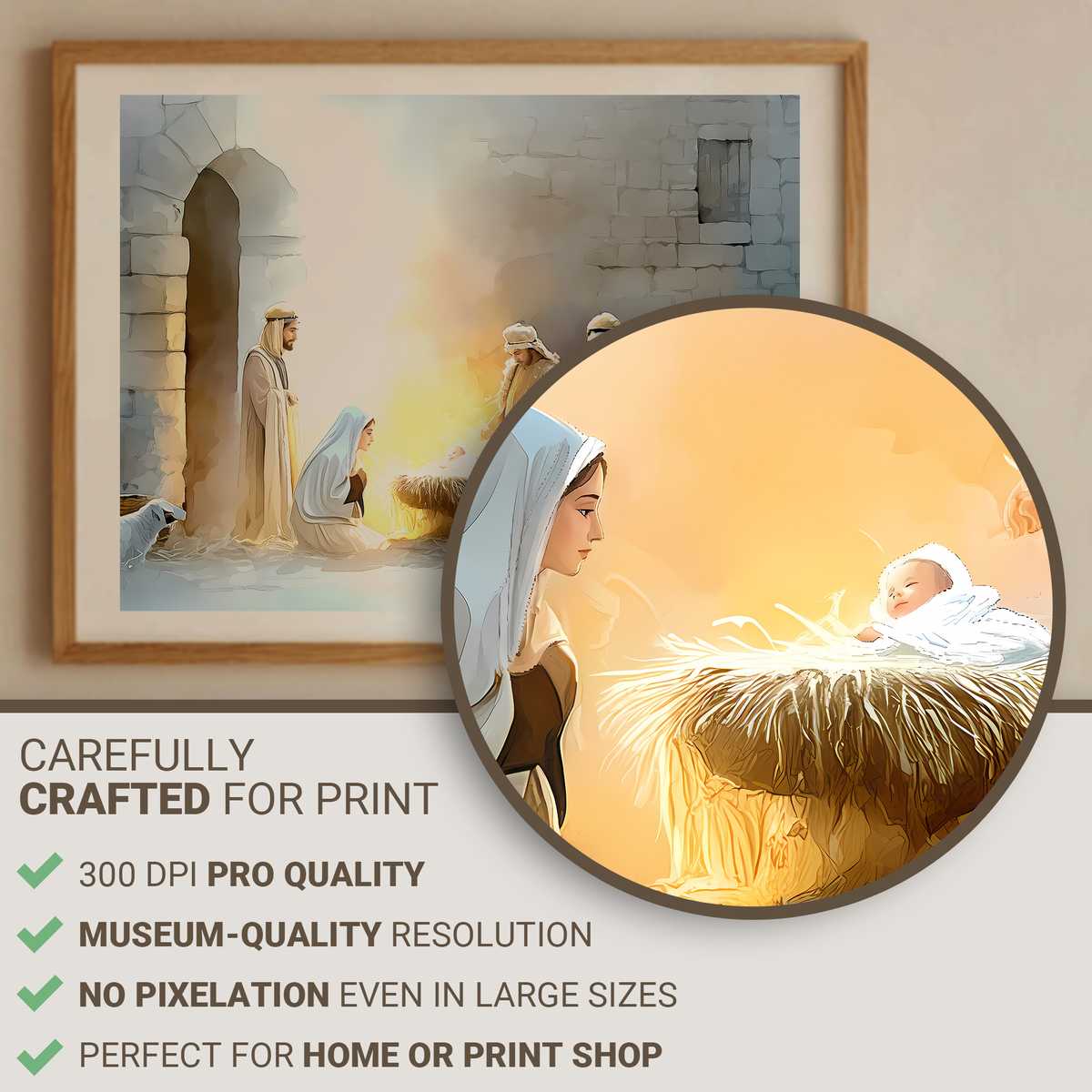 Soft, contemplative portrait of Jesus in warm tones displayed above a sofa, evoking quiet reflection for a living room…