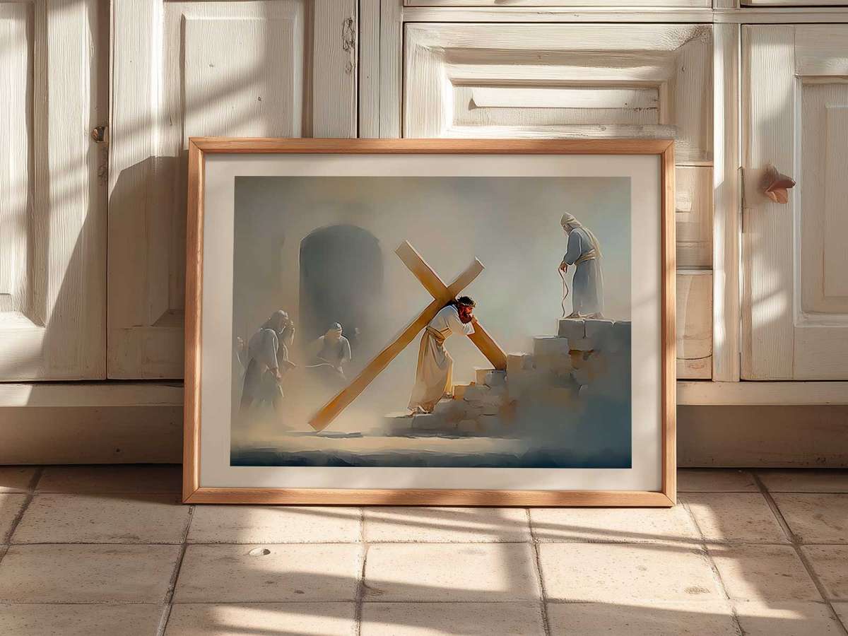 Art of Jesus on the Cross wall art combining sacred details arranged in a contemplative composition inspired by carrying of the cross and christ’s fidelity in… in a spiritual