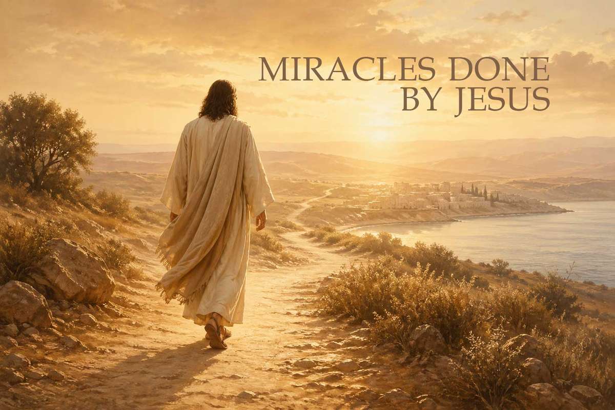 Jesus ascending above a gathered crowd near Jerusalem with disciples watching in awe