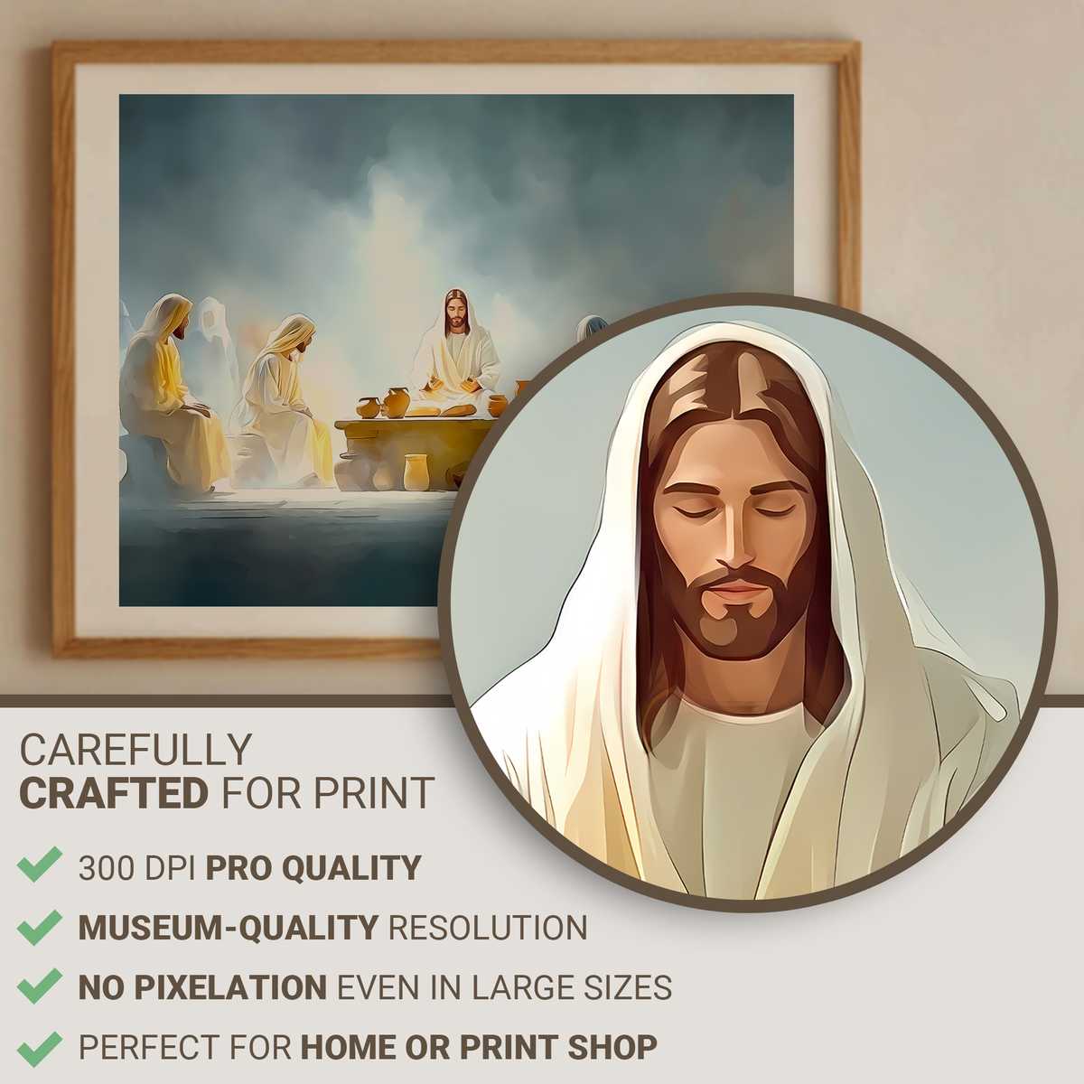 Warm-toned depiction of the Last Supper focused on Jesus at the table, showing intimate gestures and shared bread