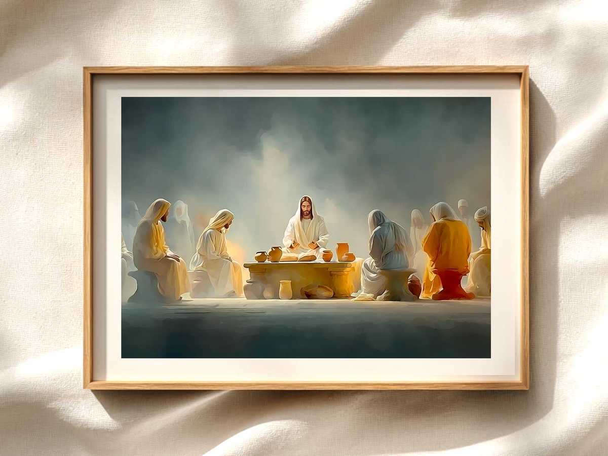 Warm-toned depiction of the Last Supper focused on Jesus at the table, showing intimate gestures and shared bread