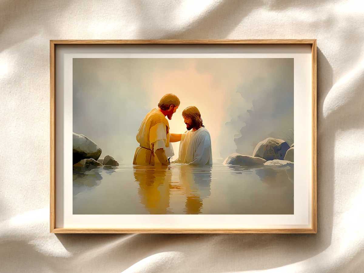 Painting of the Baptism of Christ in a classical composition with John the Baptist pouring water and the Holy Spirit…