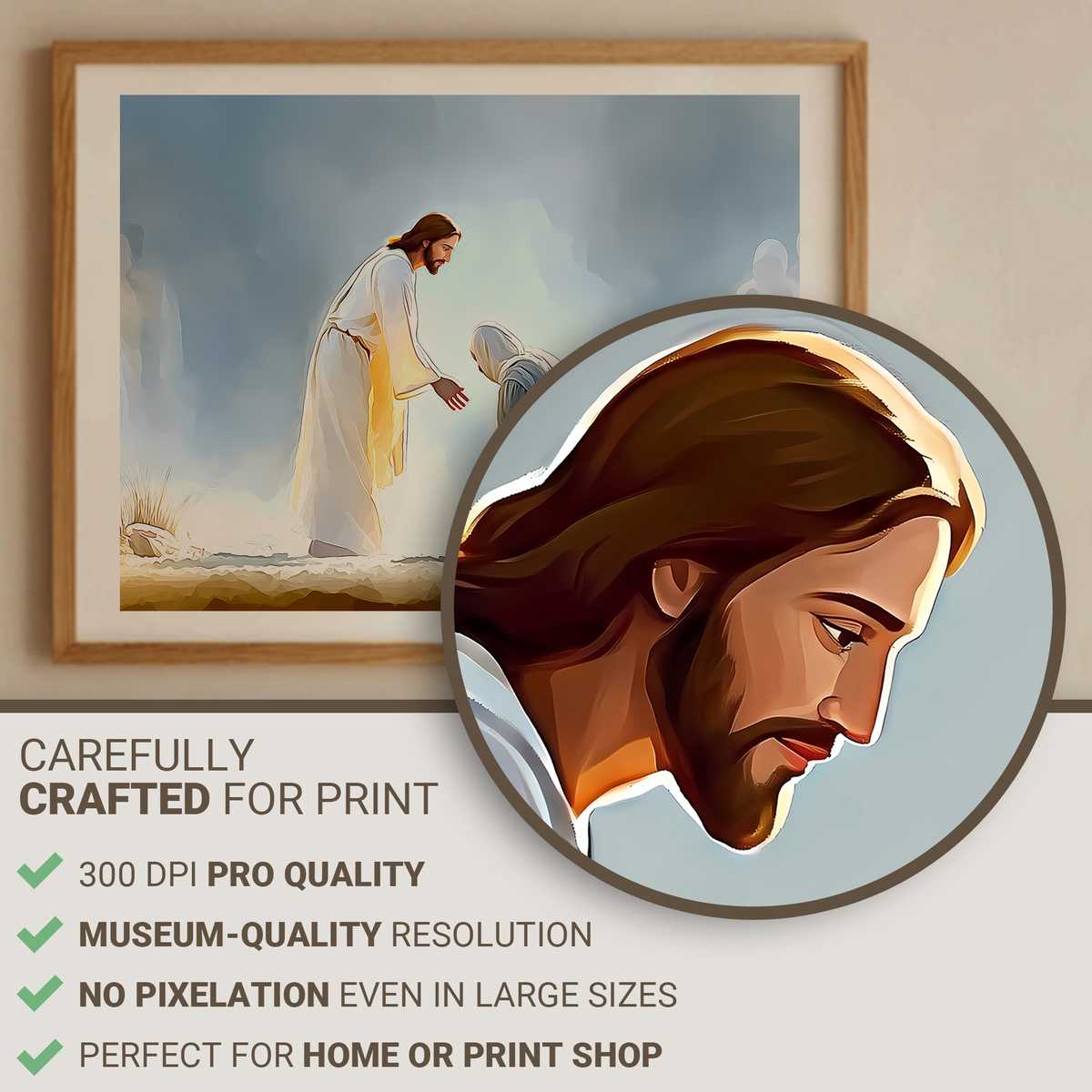 Close-up of Christ's outstretched hand reaching toward a healed leper in a soft domestic light
