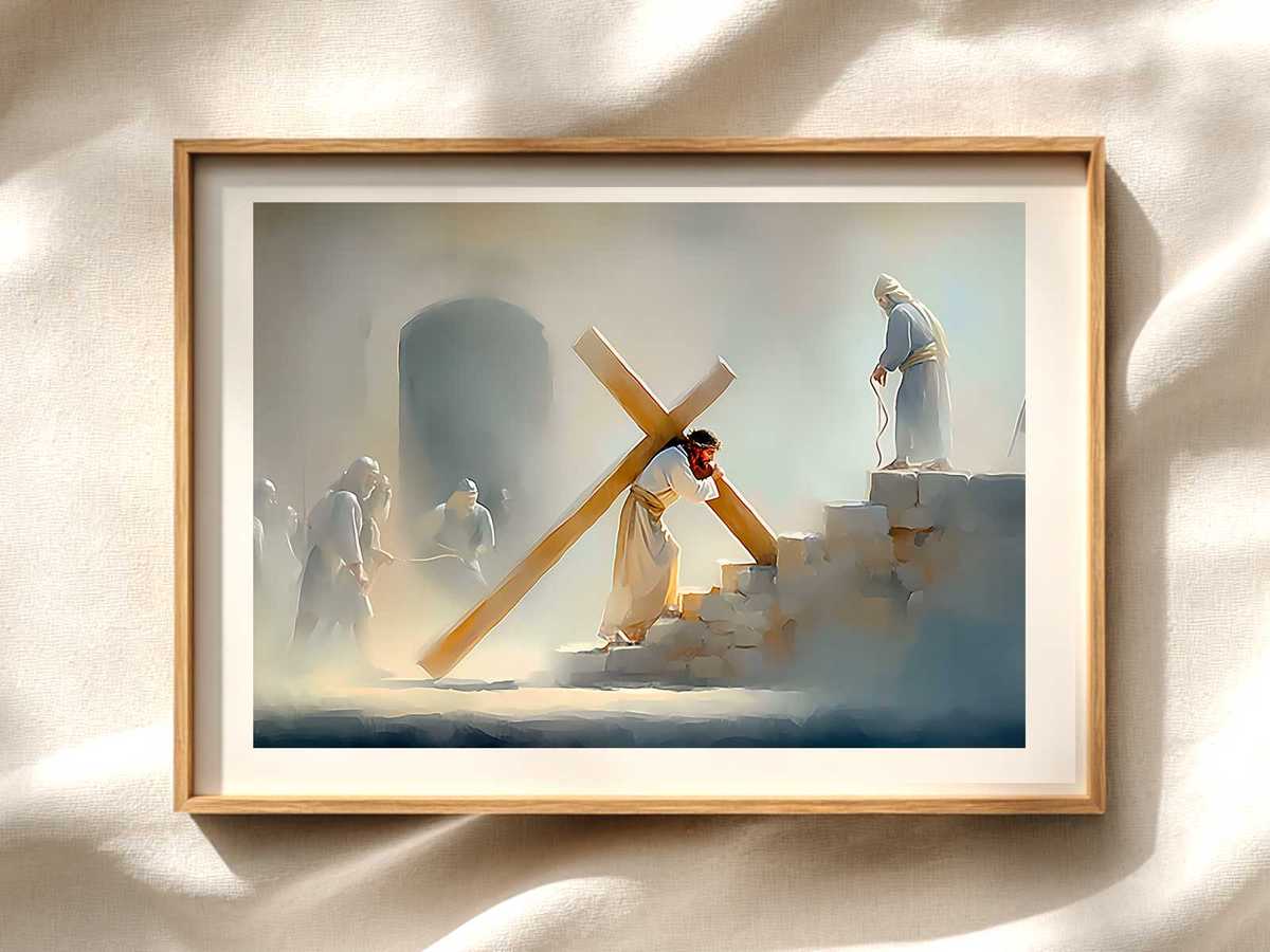Jesus carrying the cross with a gentle, devotional expression as onlookers recede into the background