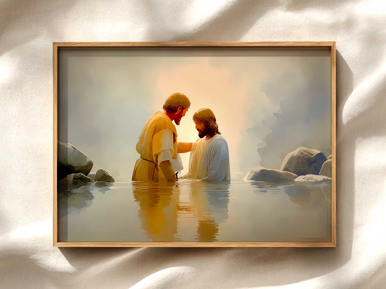 Painting of the Baptism of Christ in a classical composition with John the Baptist pouring water and the Holy Spirit…