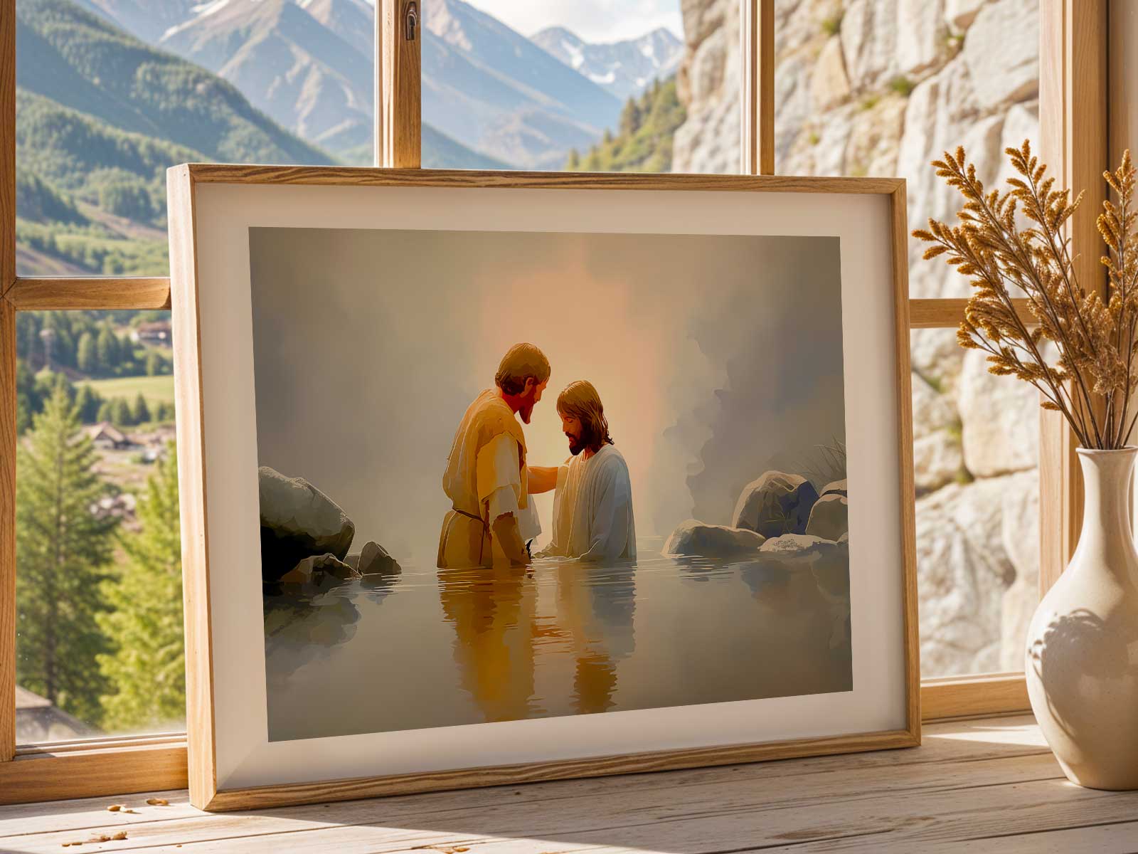 Painting highlighting the expressions of Christ, John the Baptist, and onlookers at the baptism moment