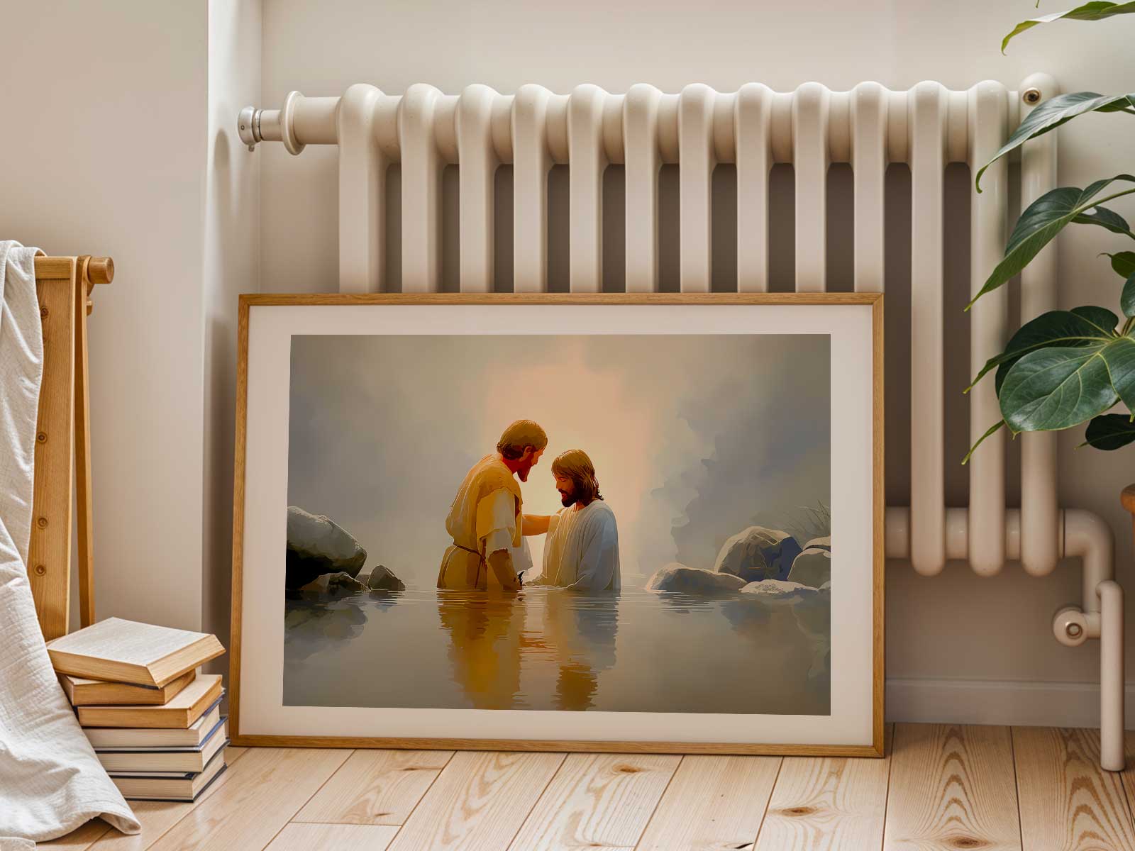 Iconic interpretation of the Baptism of Christ with simplified forms and sacred emphasis
