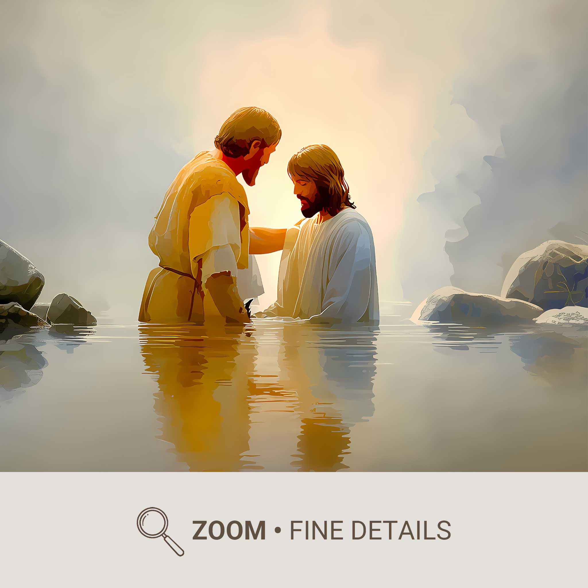 Baptism of Christ rendered in a soft, muted color palette for a tranquil devotional atmosphere