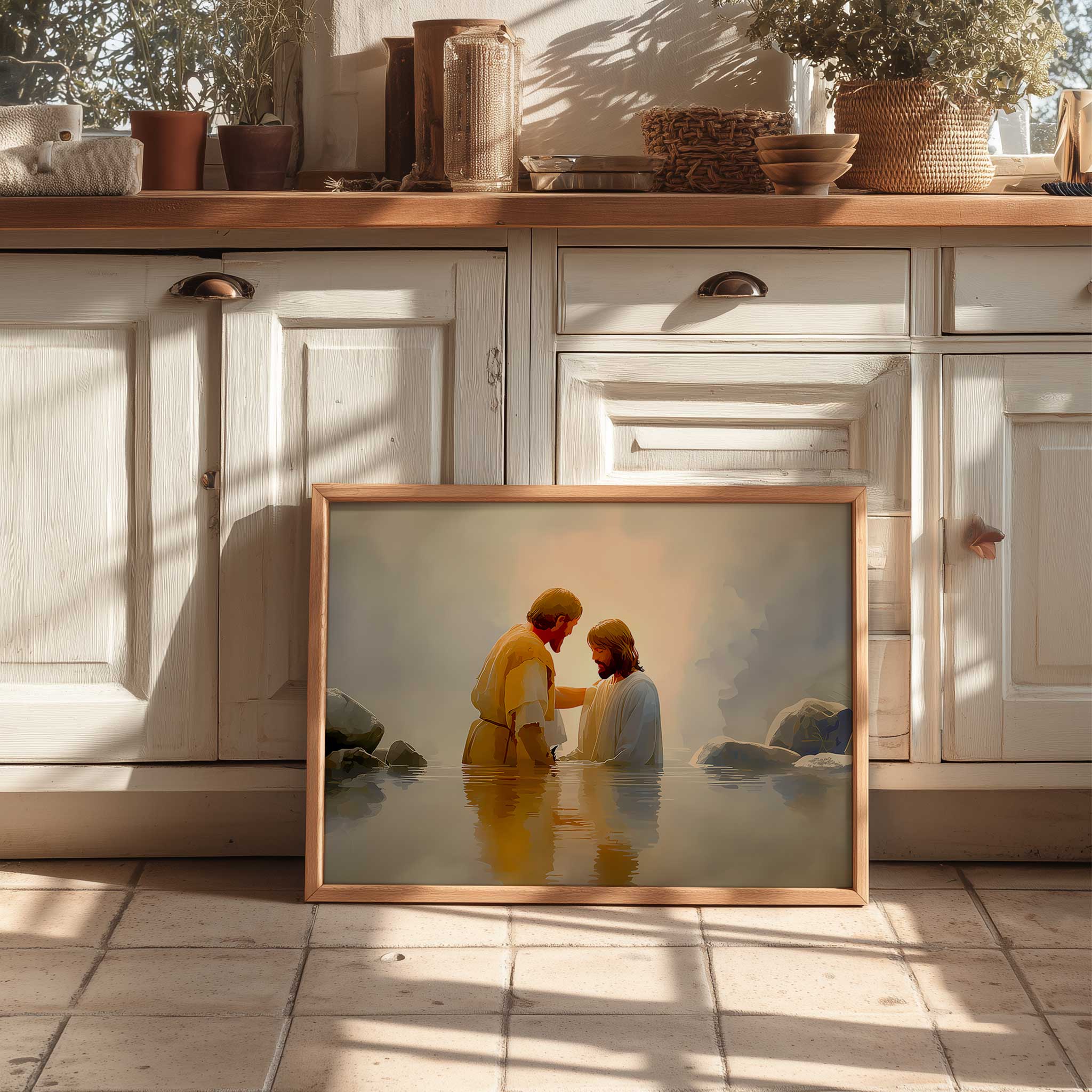 Baptism of Christ painting focusing on symbolic elements like water, staff, and garments