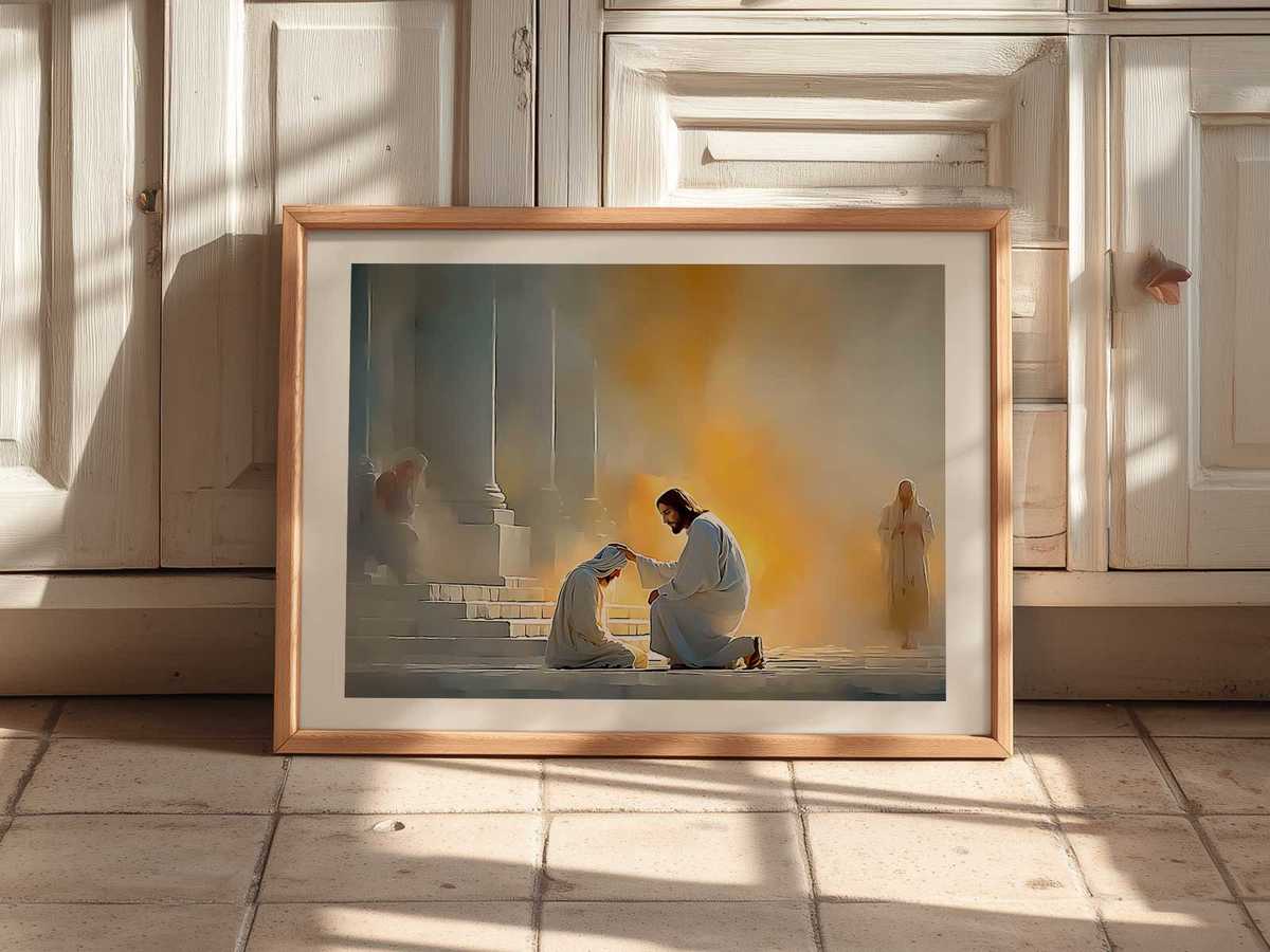 Calm bedroom scene illuminated by a wall print depicting the miracle of sight being restored