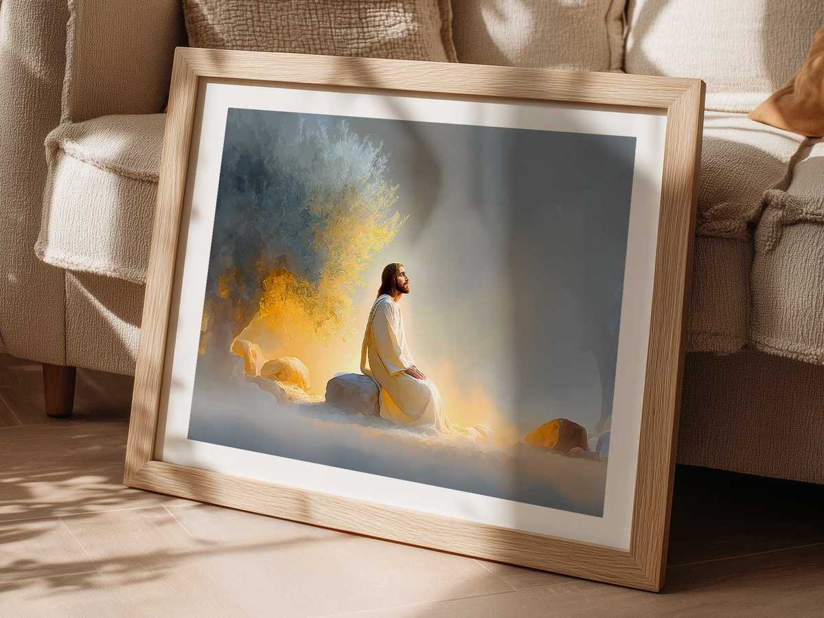 Compact panel showing a quiet garden scene and a short, comforting Gospel phrase for bedside reflection