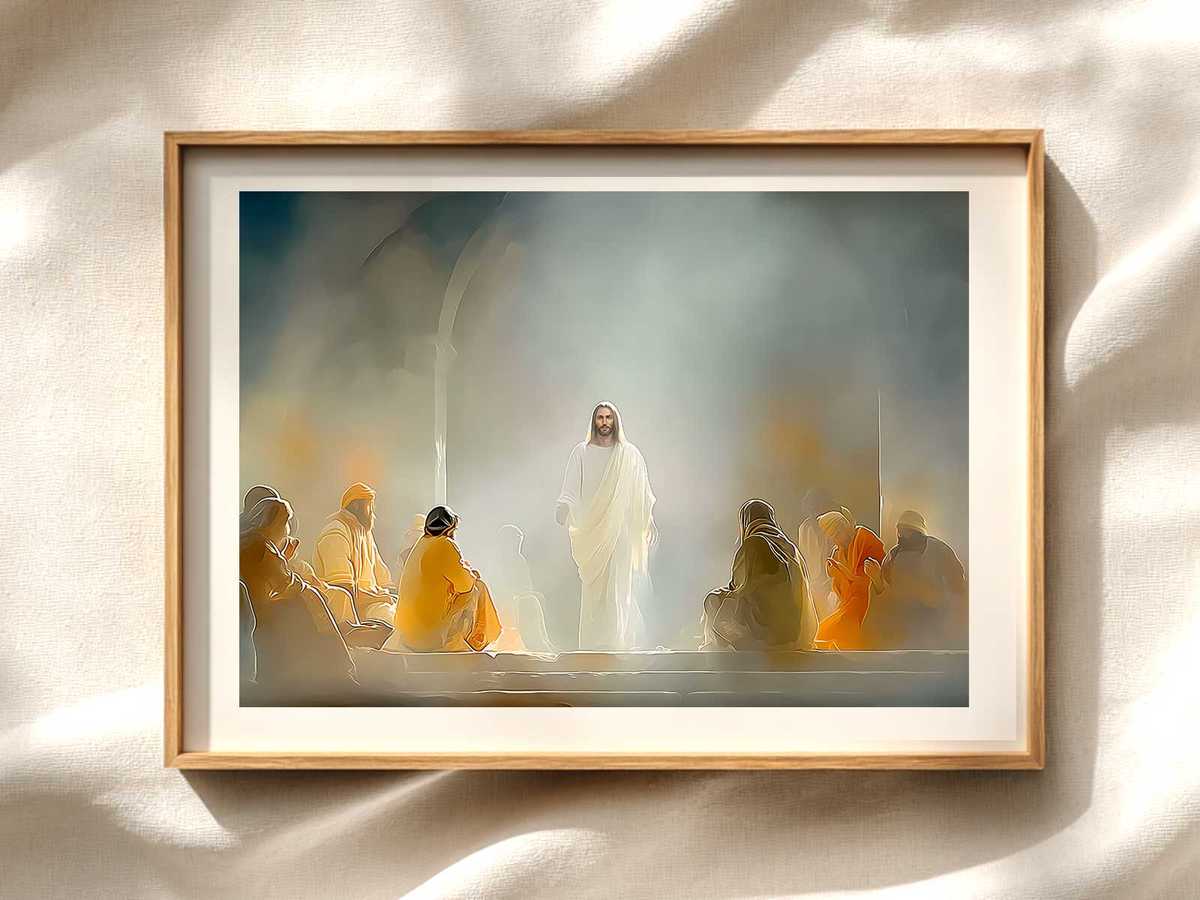 Resurrected Appearing by the Lake Christian wall art displayed as a peaceful framed print