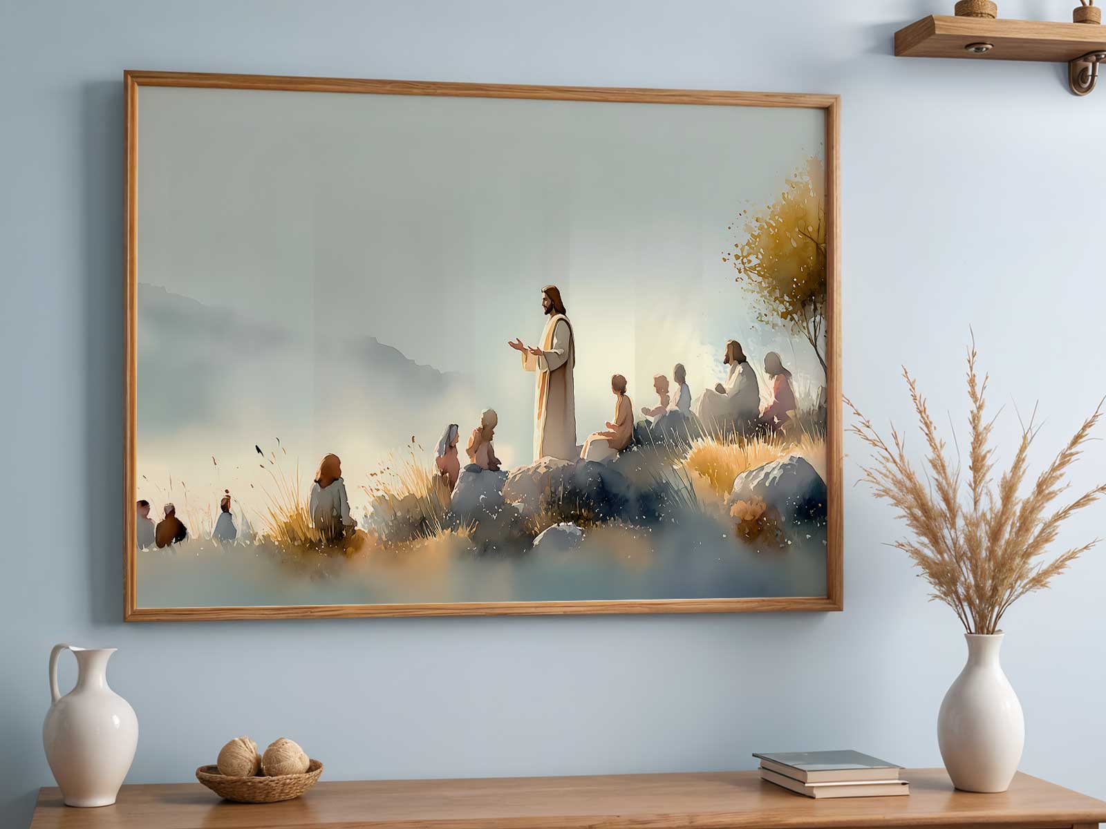 Typographic wall art reading 'Blessed are the peacemakers' over a cozy reading nook