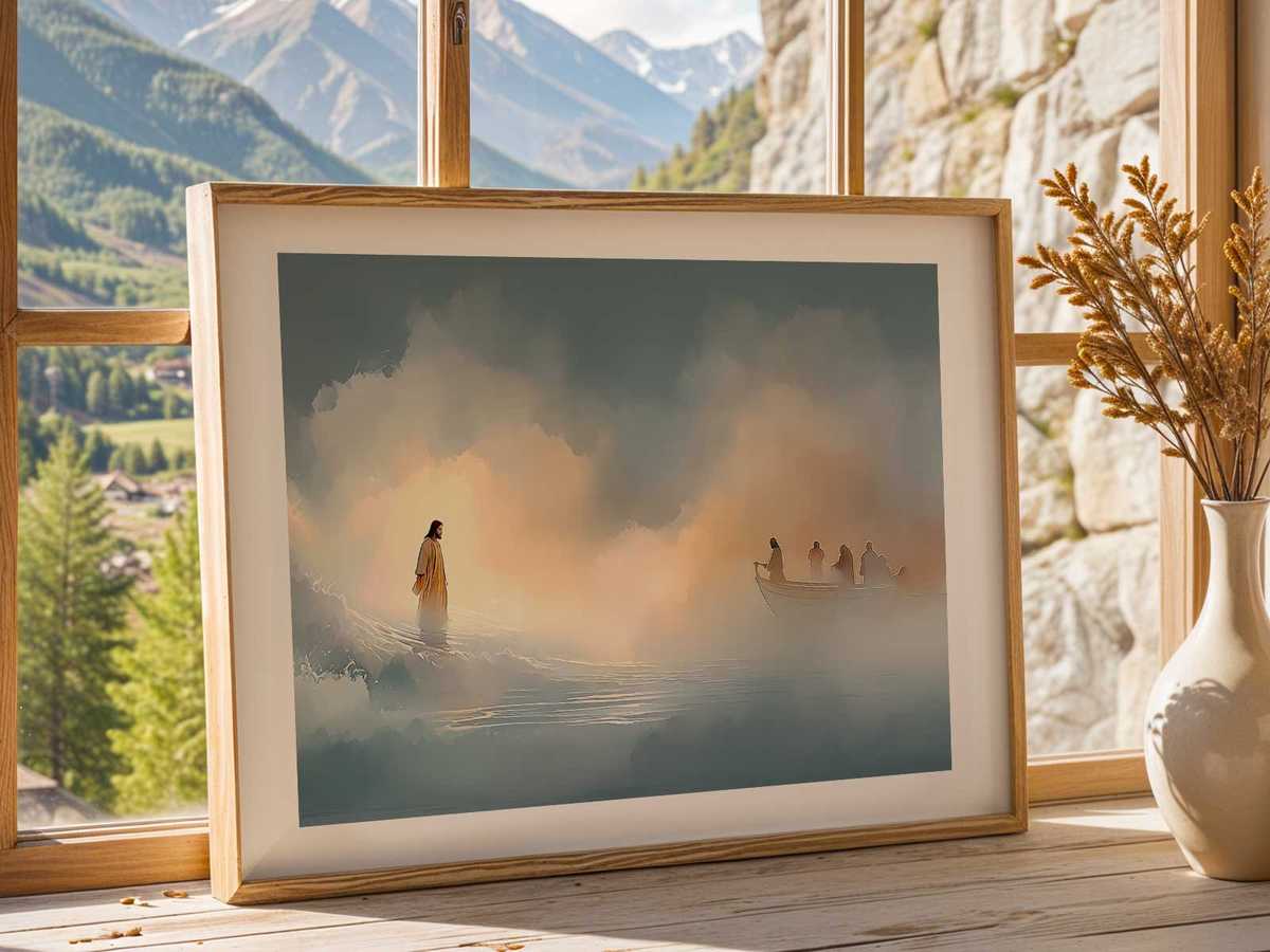 Small wooden boat with disciples silhouetted, dawn light breaking over choppy water as Jesus approaches