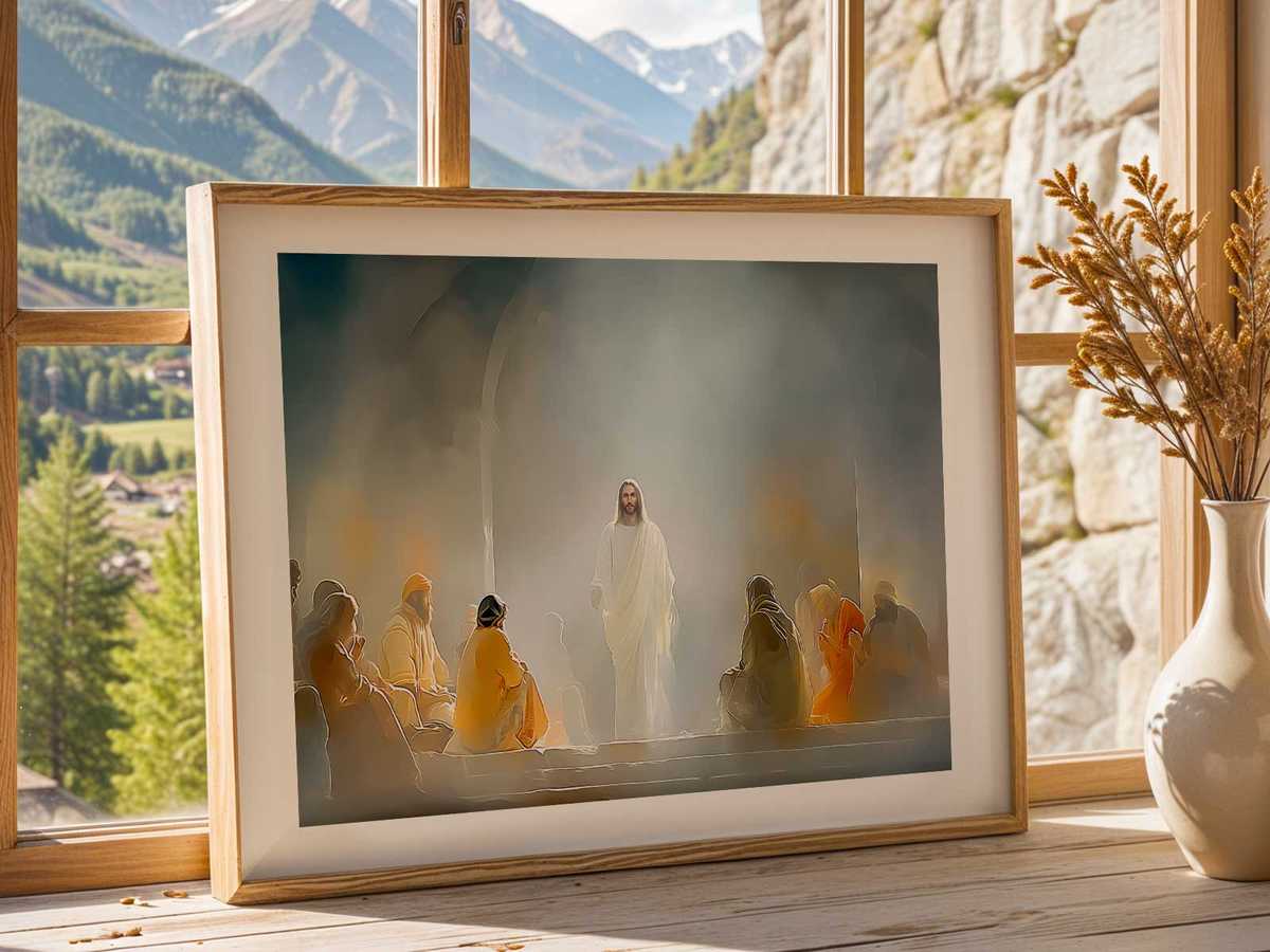 The Resurrected Christ sharing a quiet breakfast with disciples on a shoreline, light reflecting on the water