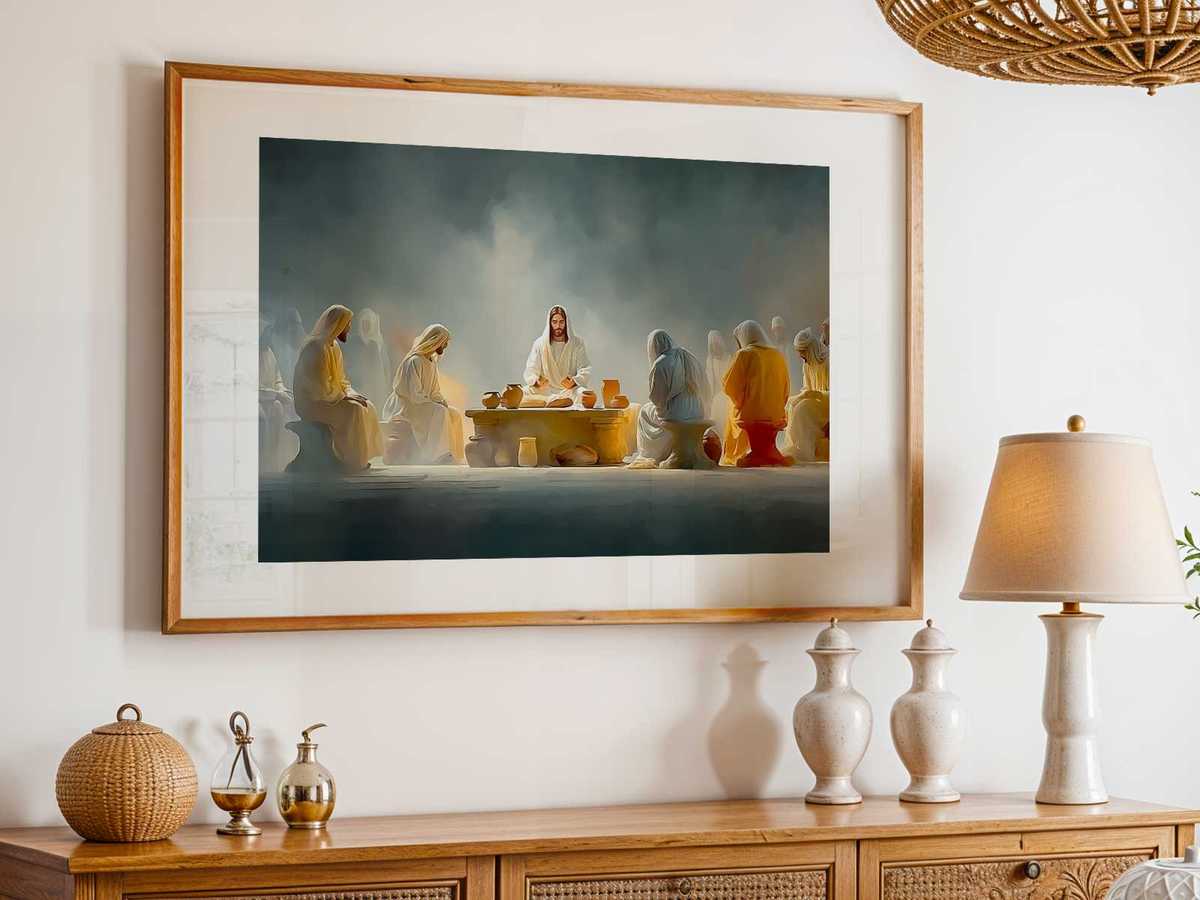 Close-up of hands breaking bread and a chalice on the table, highlighting Eucharistic symbolism