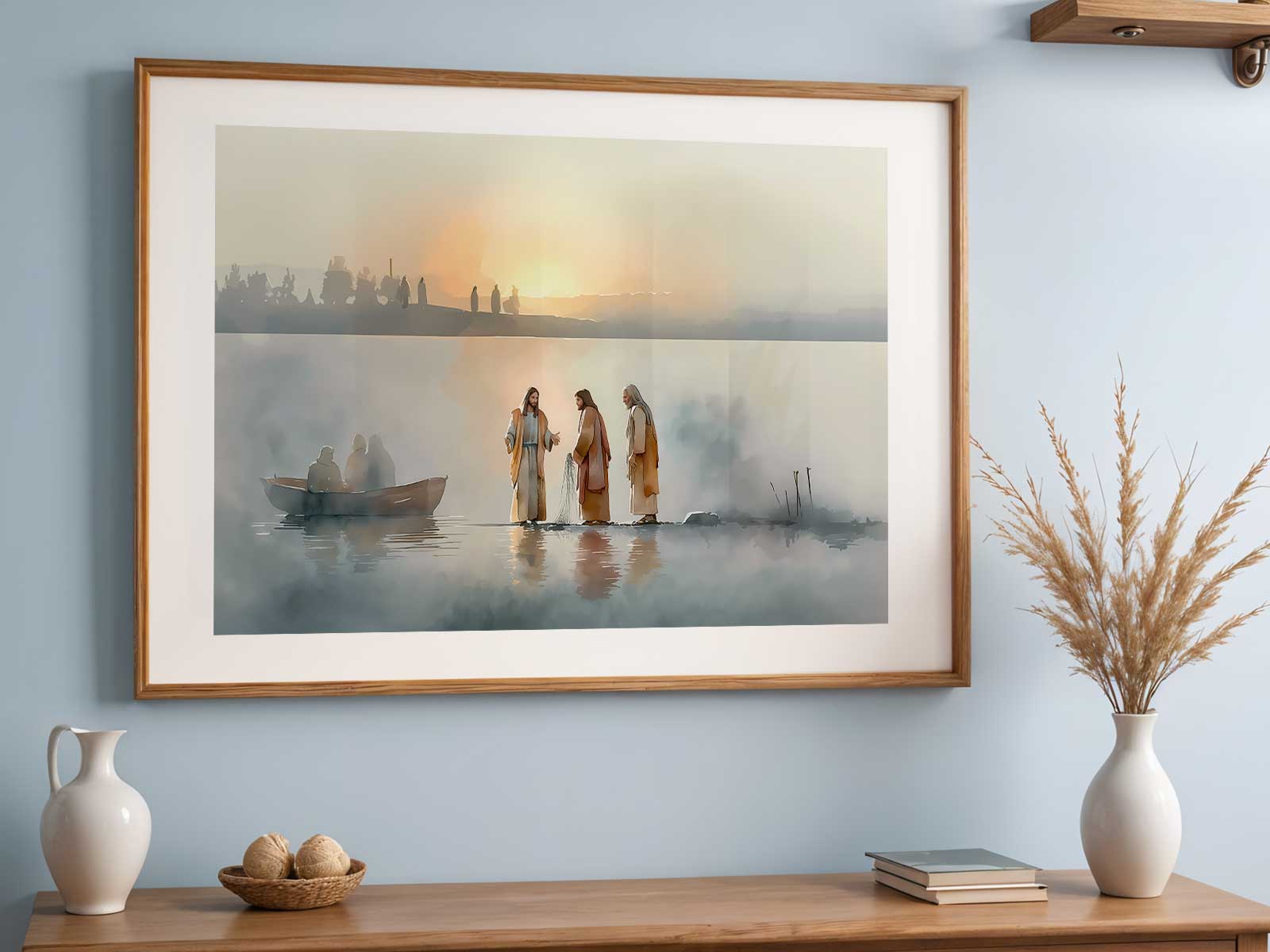 Jesus standing at the shore calling fishermen, soft dawn light and gentle waves