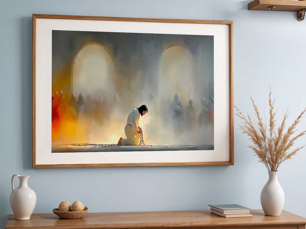 Contained-line illustration of Jesus with a calm face, using economy of strokes to convey sacred presence