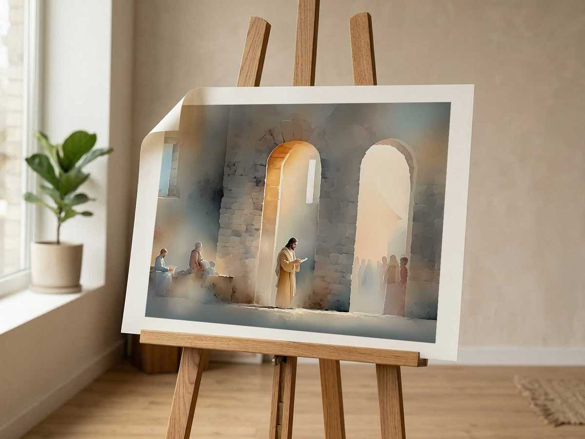 Pastel-toned poster with a comforting Bible verse, paired with textured art and wooden frames to enhance a soothing…