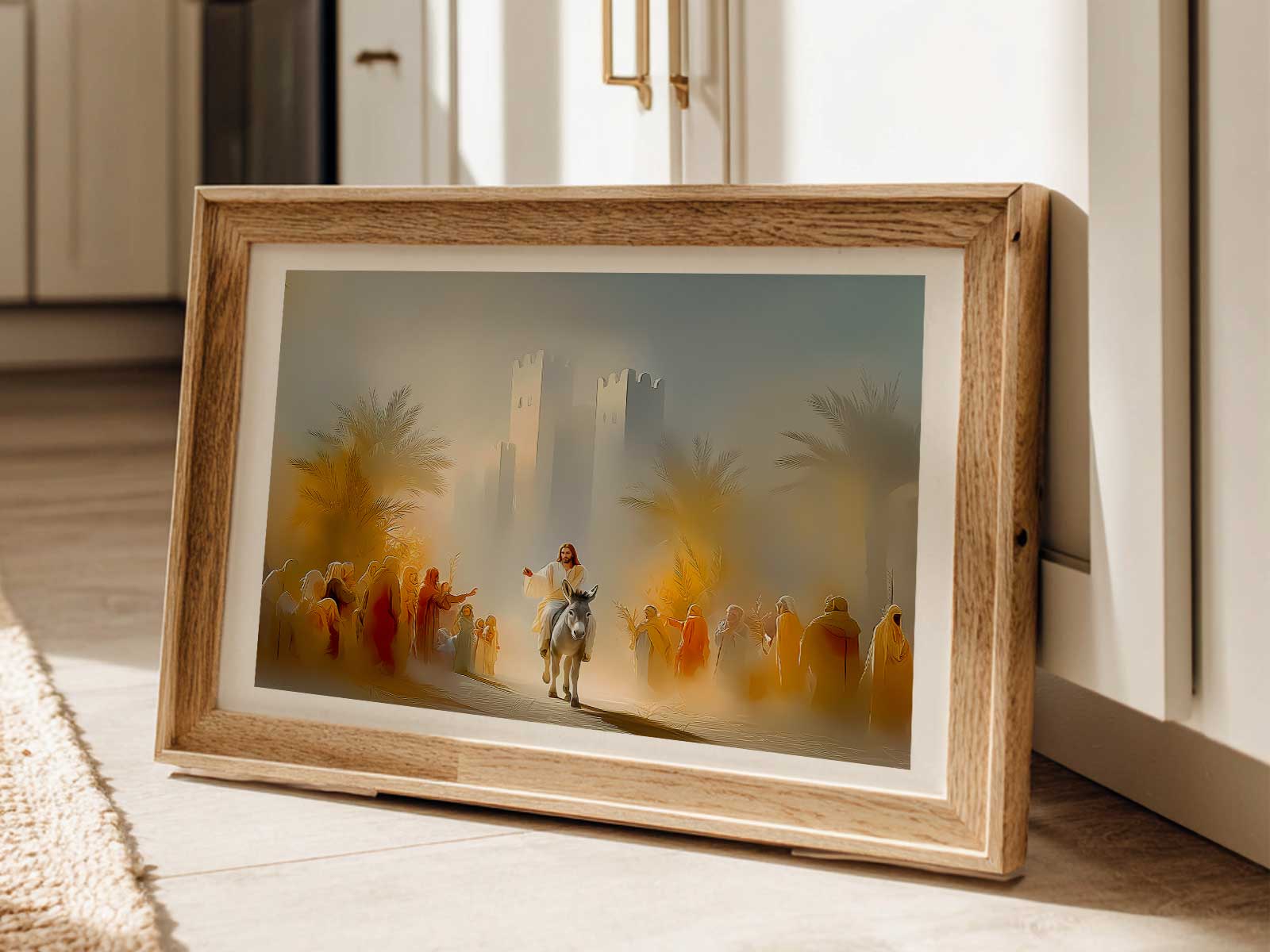 Children and families reaching toward Jesus with palm branches in a warm, home-friendly icon style
