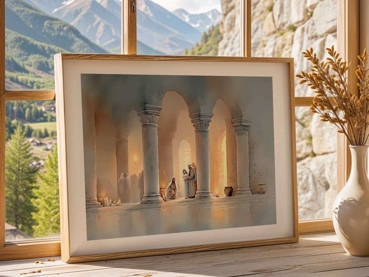 Christ Child in the Temple shown in a expressive composition showcasing spiritual imagery with timeless decorative character