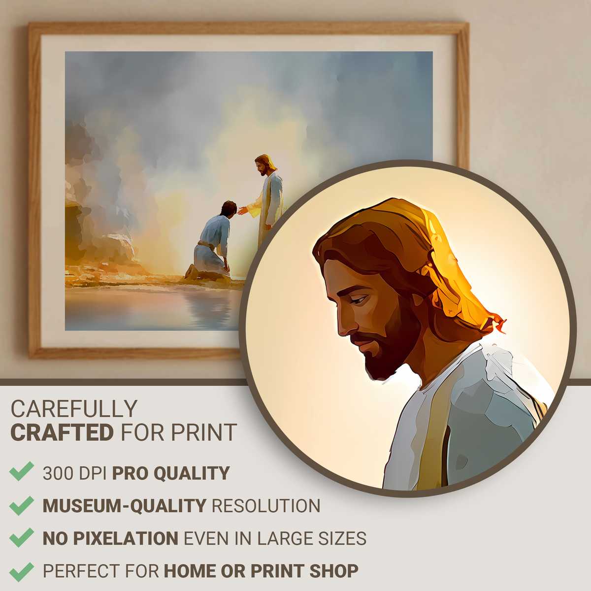 Minimalist line drawing of Jesus standing over a seated figure, suggesting deliverance and calm through simple silhouette…