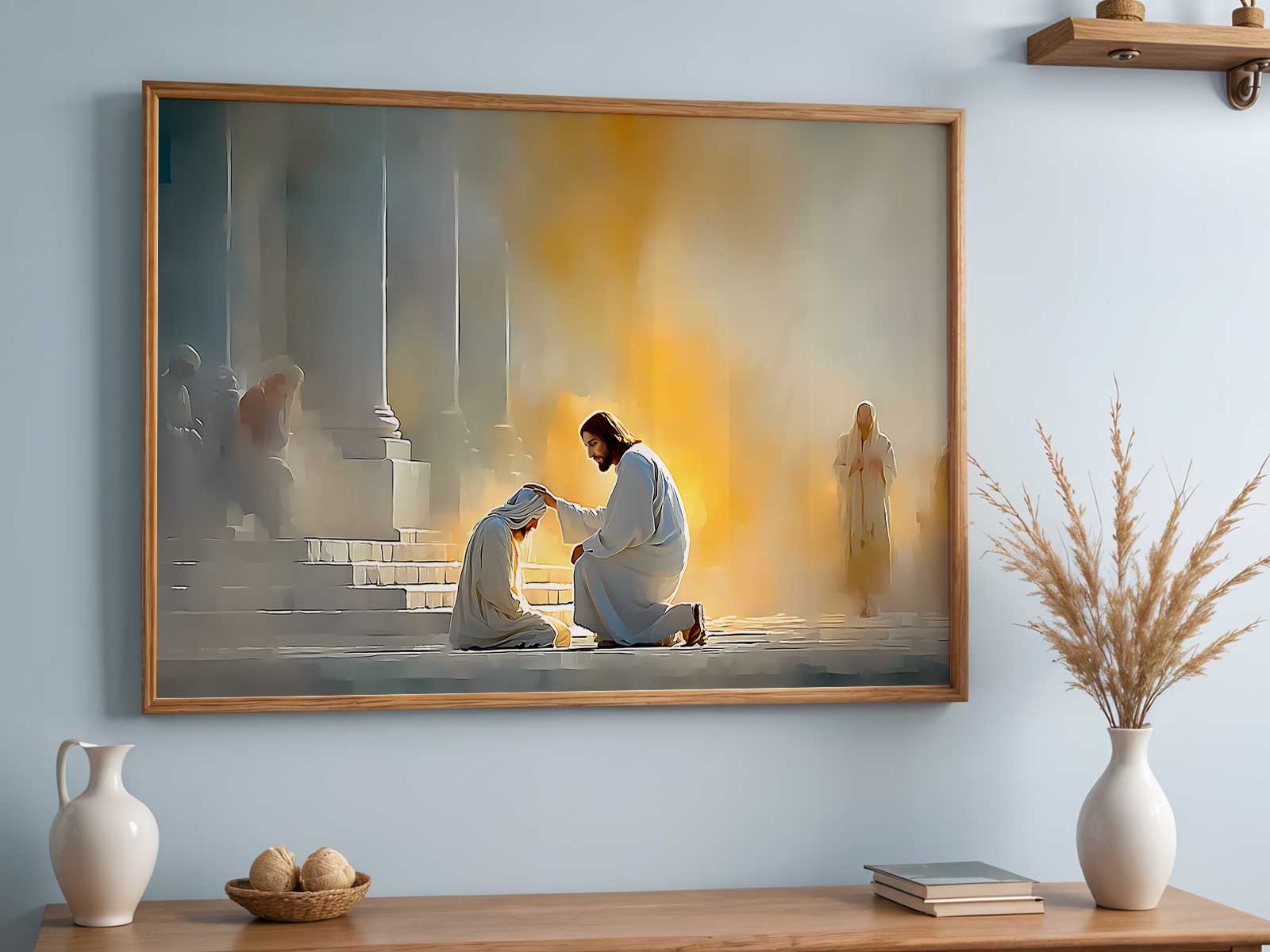 Figure of Christ reaching out in a gentle gesture as beams of light guide a kneeling person toward clarity and trust
