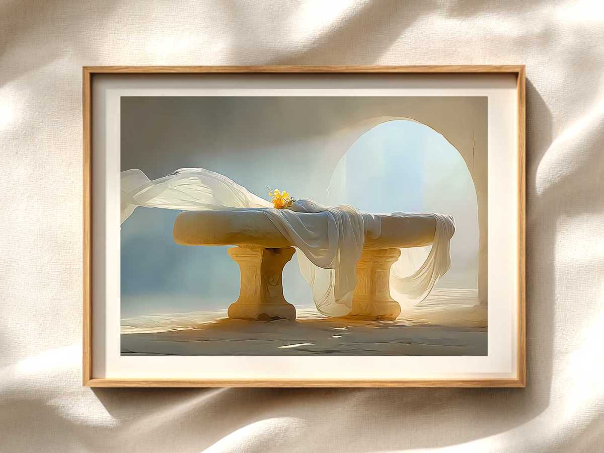 Resurrection Altar Panel: Victory Over Death Christian wall art displayed as a peaceful framed print