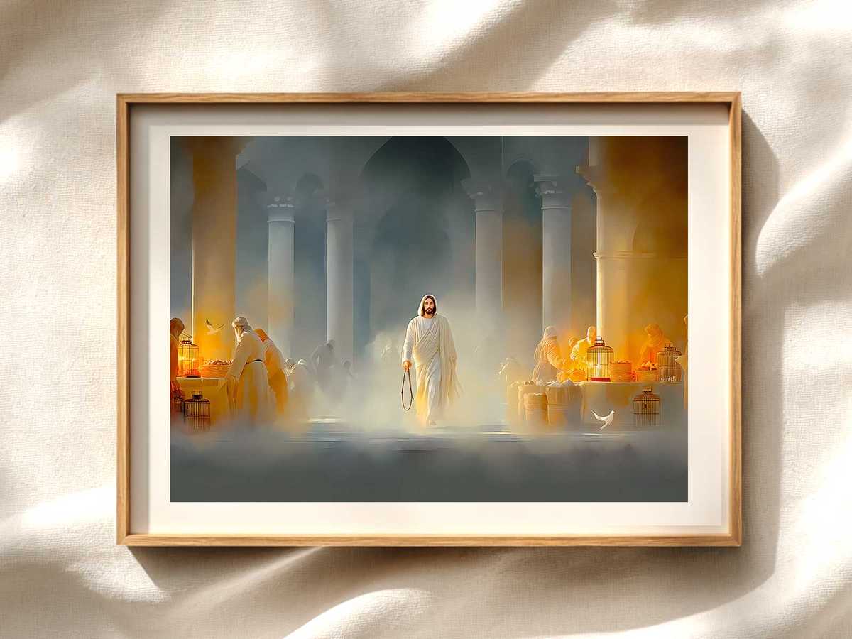 Jesus Clearing the Temple — Quiet Line Drawing Christian wall art displayed as a peaceful framed print