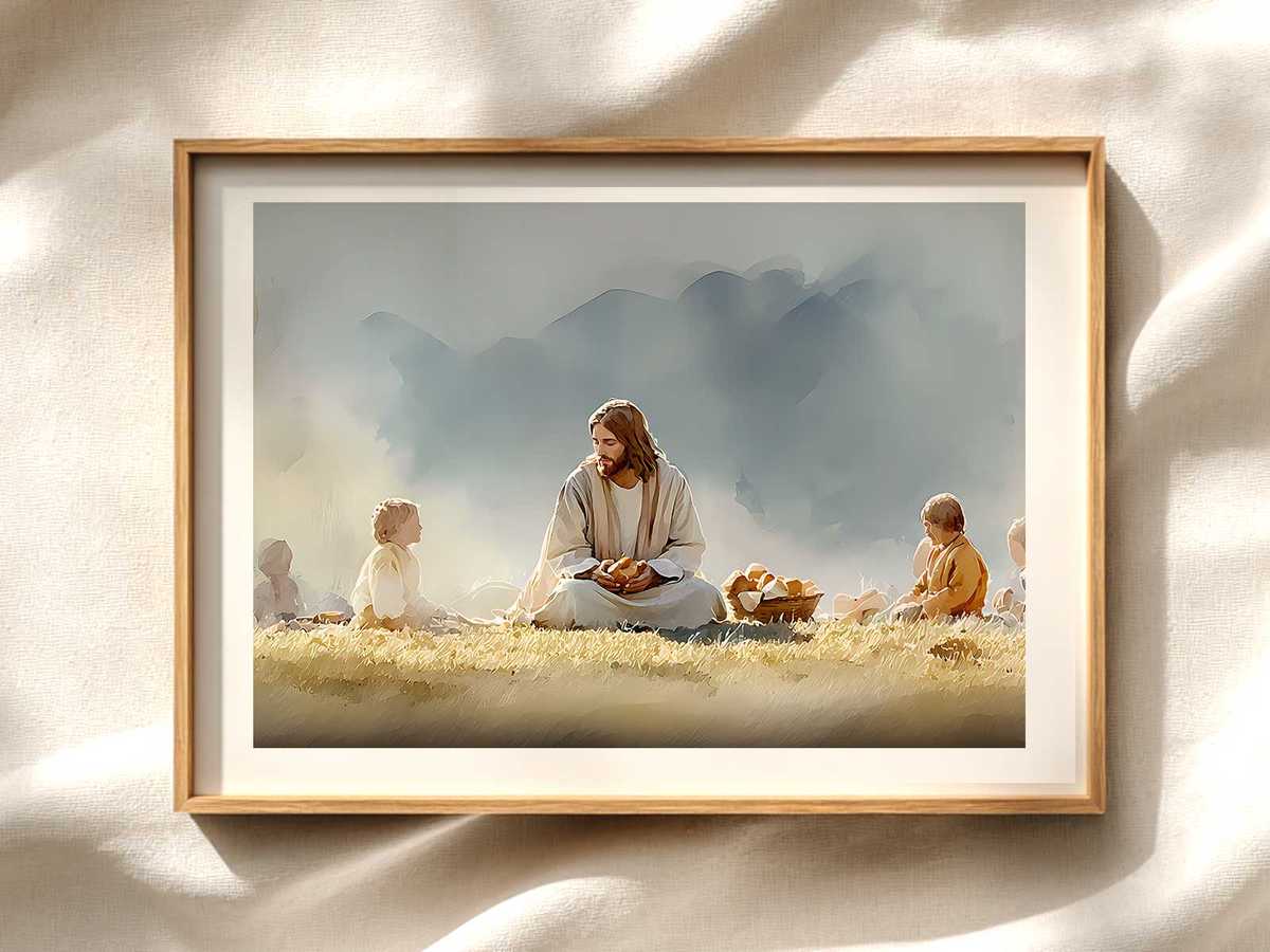 Feeding of the Five Thousand - Verse Print Christian wall art displayed as a peaceful framed print