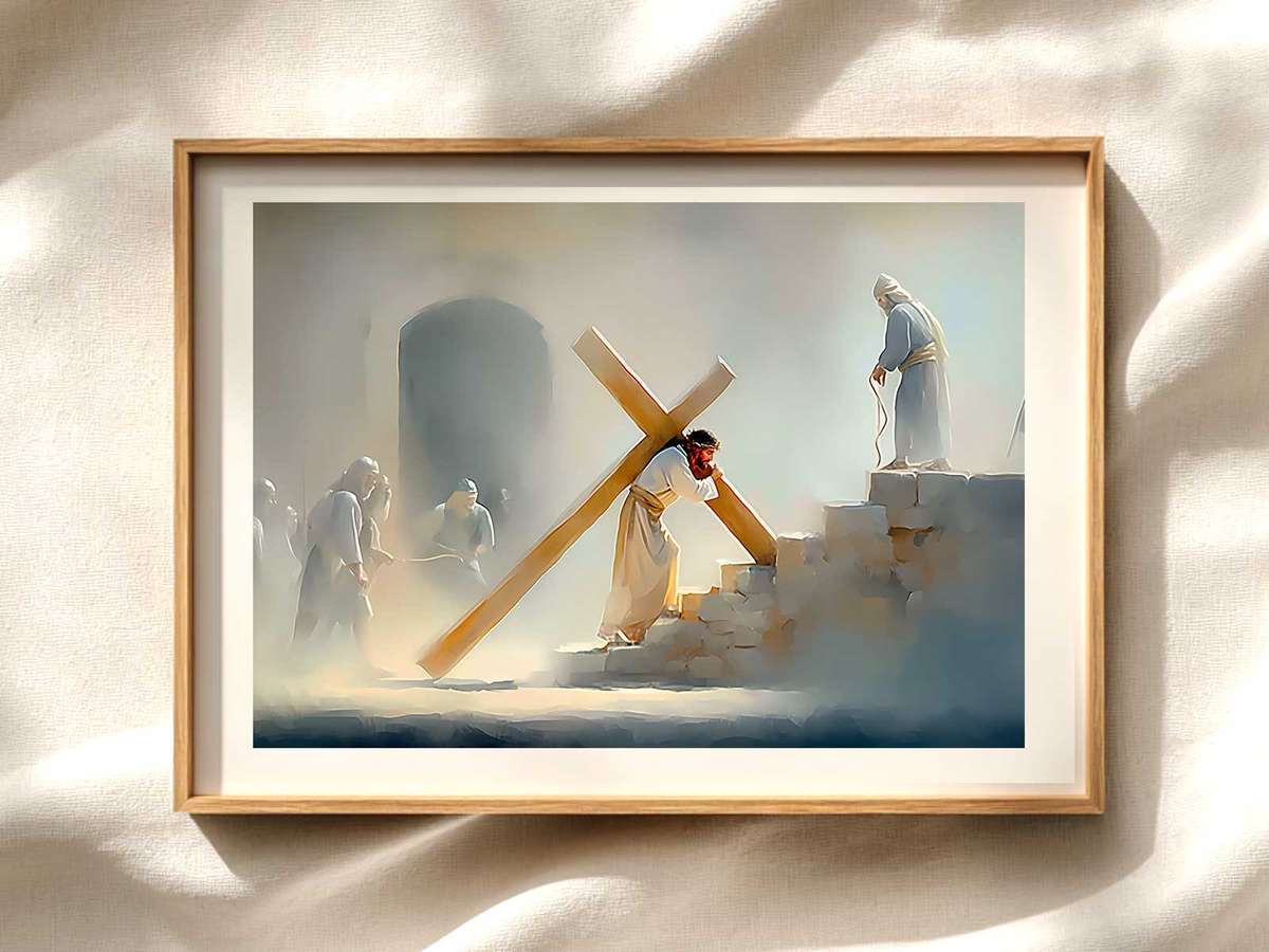 Tender Carrying of the Cross — Devotional Wall Art Christian wall art displayed as a peaceful framed print