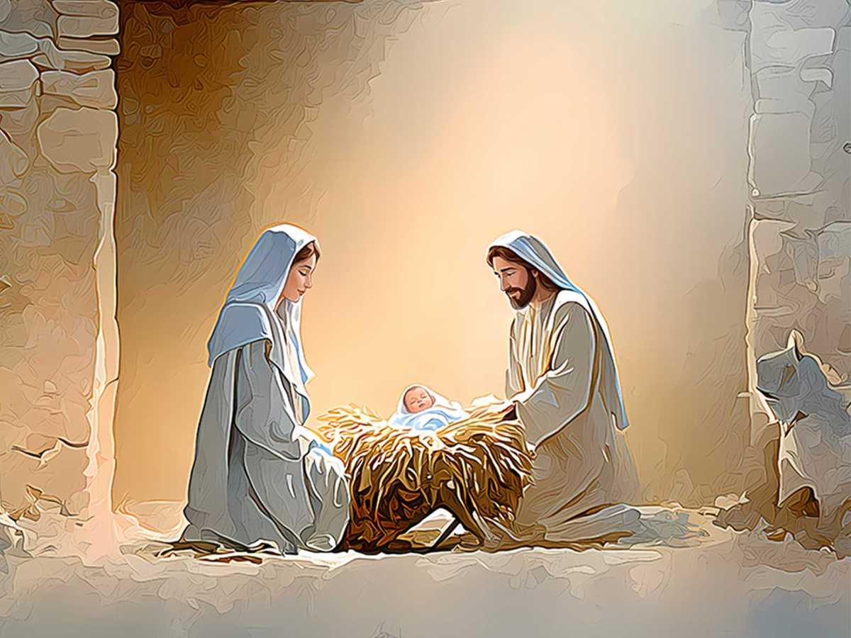 Catacomb mural of the birth of Christ with minimal figures and symbolic gestures reflecting early Christian visual traditions