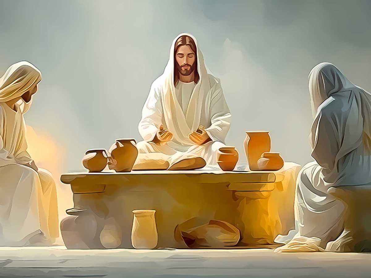 Group of apostles in reflective poses around the supper table, capturing varied emotional responses