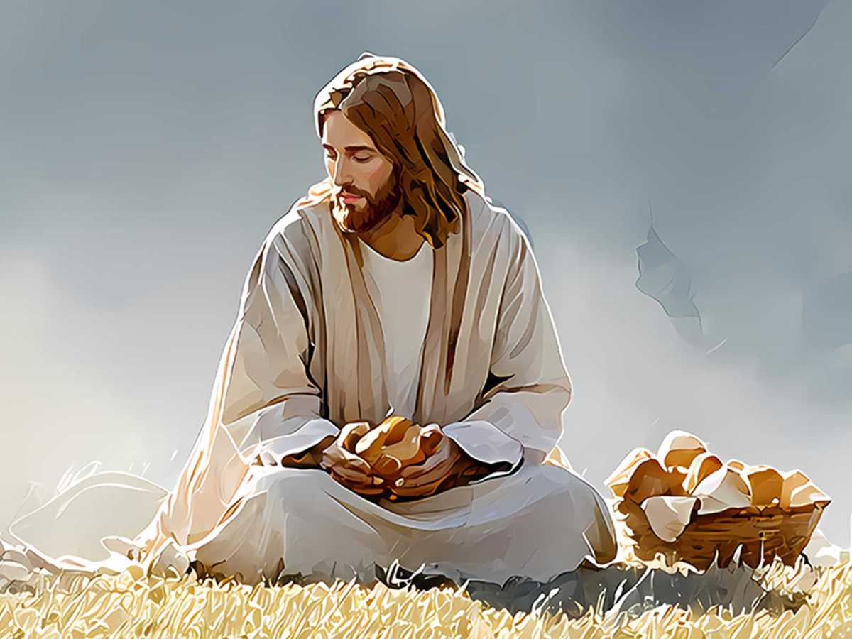 Close-up of hands offering bread with large typographic Bible verse overlay for daily trust