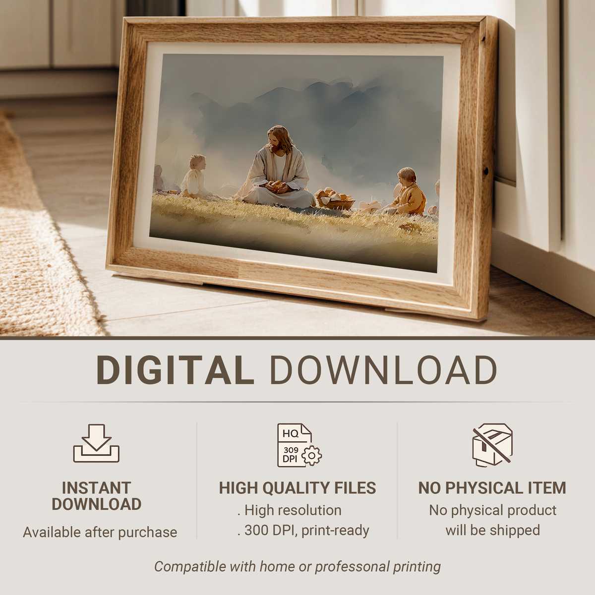 Framed wall art showing loaves and fish illustration with a prominent Bible verse about sharing and provision