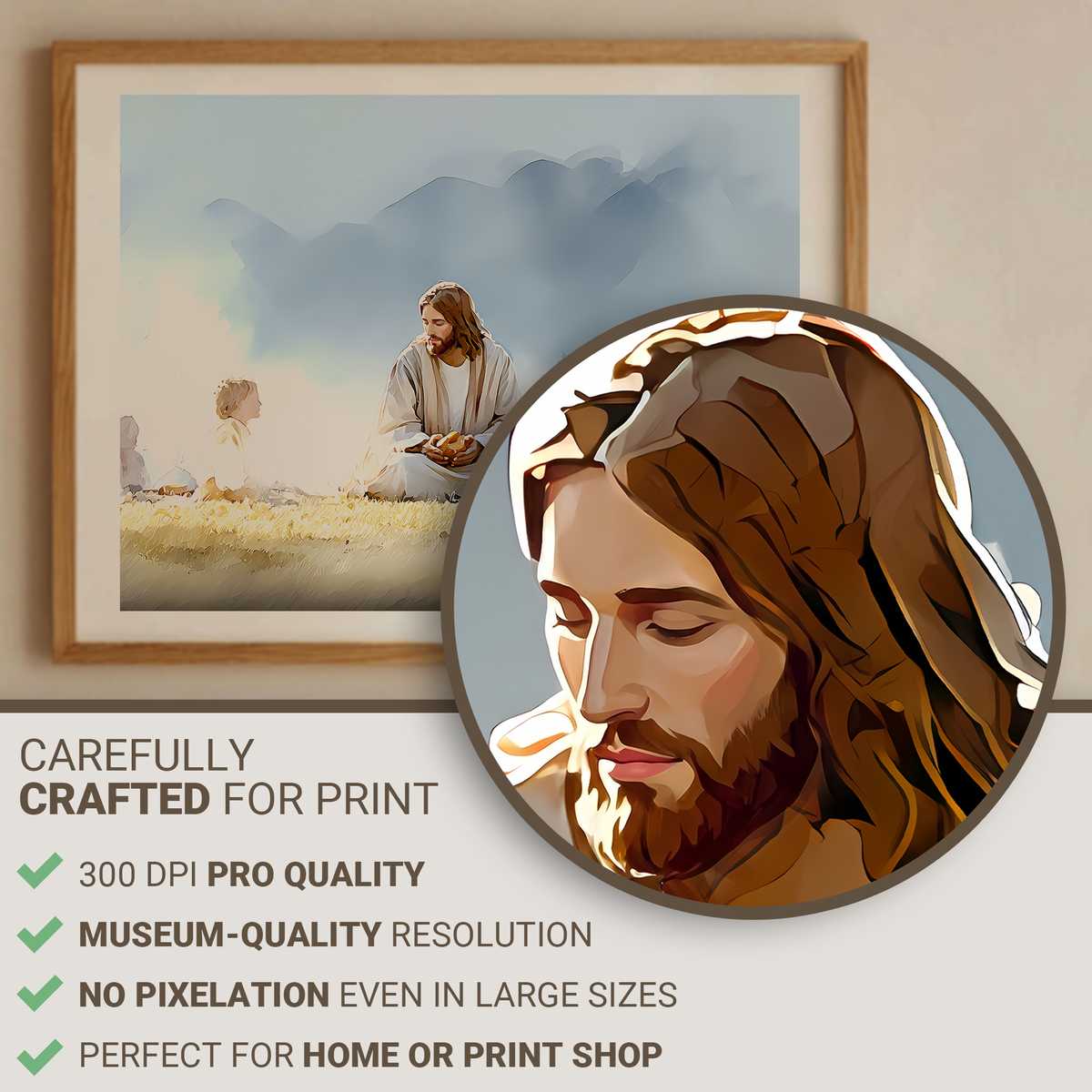 Framed wall art showing loaves and fish illustration with a prominent Bible verse about sharing and provision