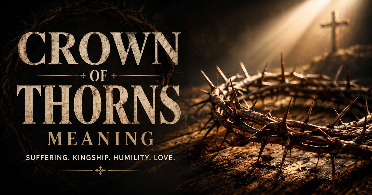 Close-up of a crown of thorns placed on a wooden table with soft light highlighting sharp thorns