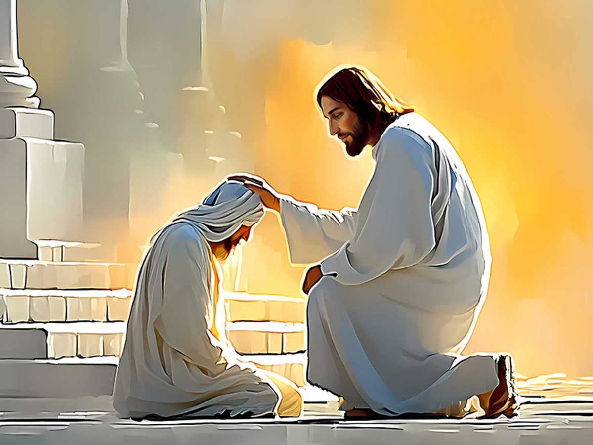Jesus tenderly holding a child in a serene domestic setting, suggesting care and familial comfort