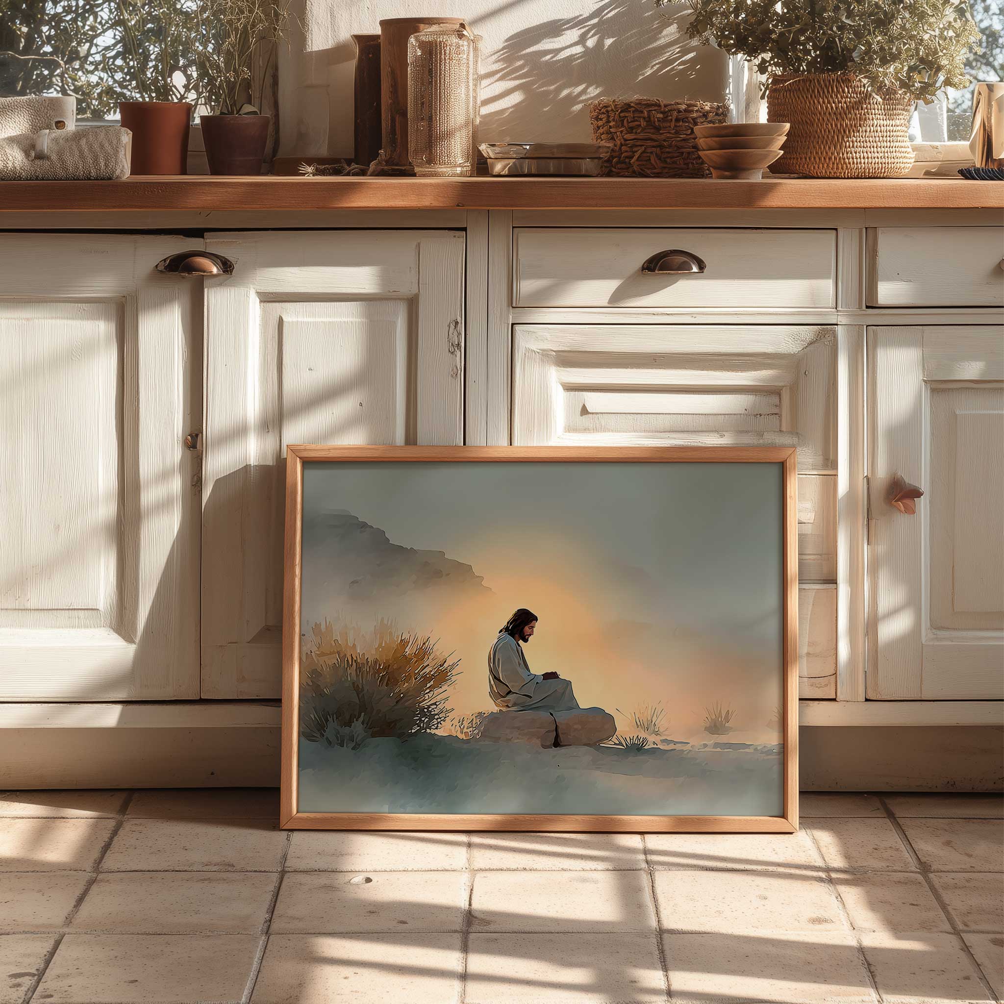 Subtle pencil depiction of Jesus walking a desert path, conveying closeness and accompaniment for the viewer