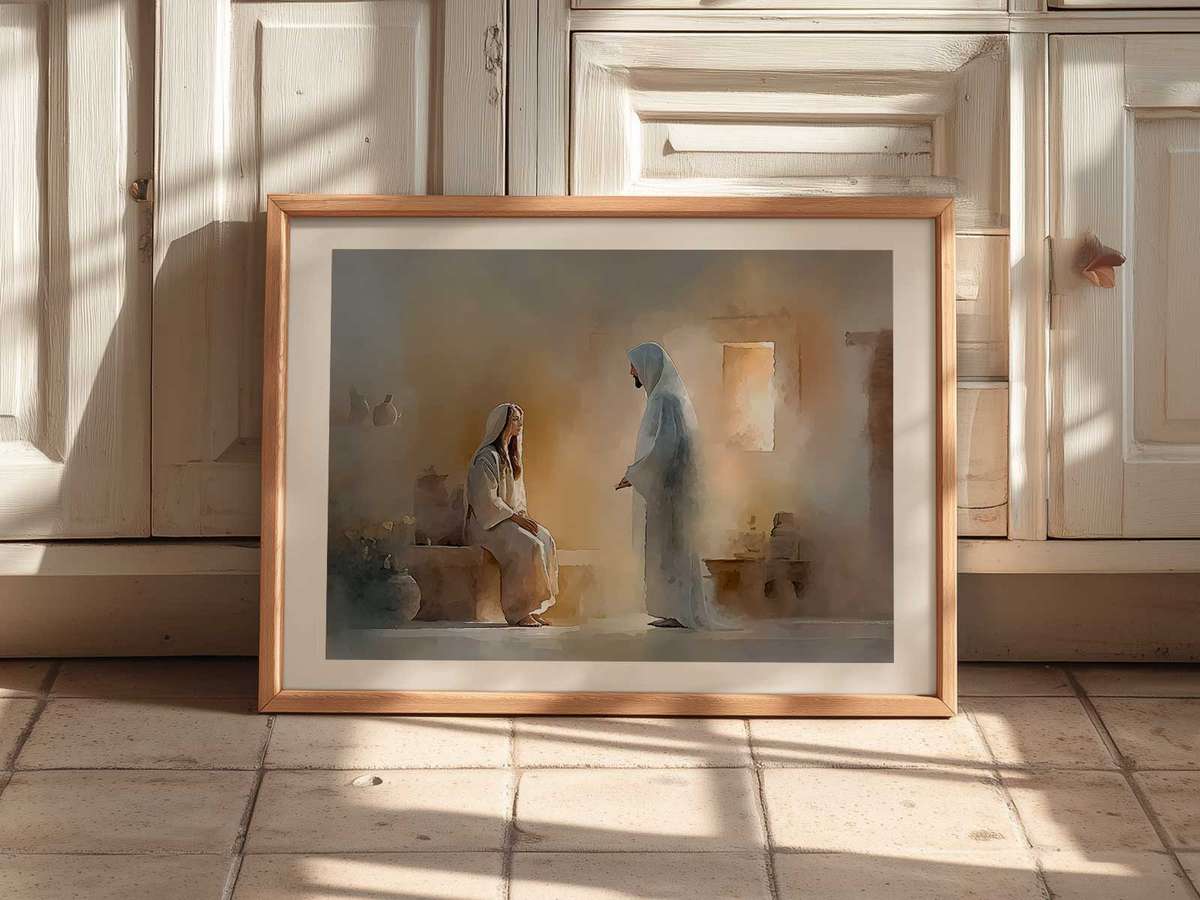 Icon-like old painting panel of the Annunciation with flattened perspective and worn gilding