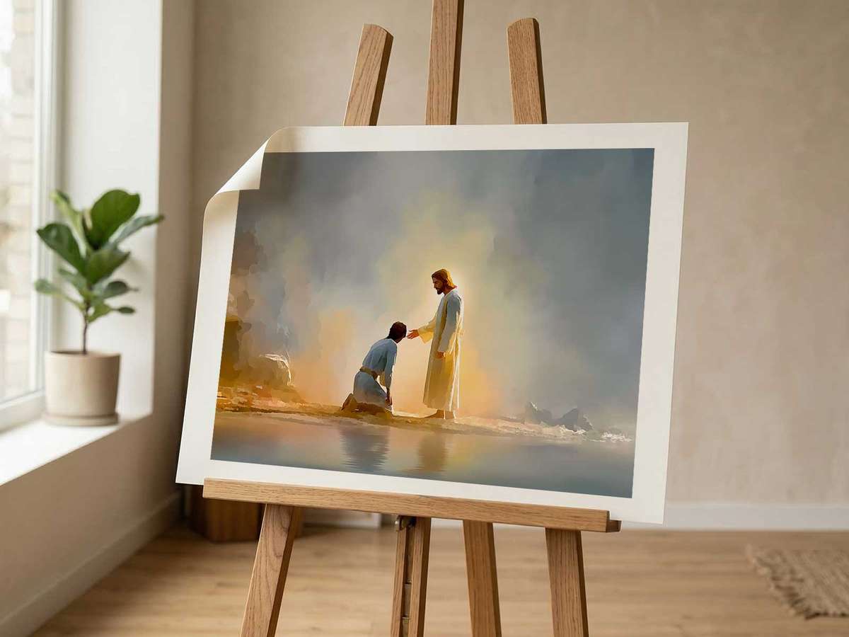 An image of the Gerasene scene hung above a simple home prayer corner, showing how sacred art can support daily contemplation