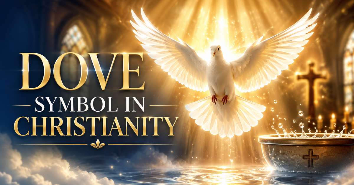White dove hovering above calm water with soft light reflecting, symbolizing peace and Noah's story