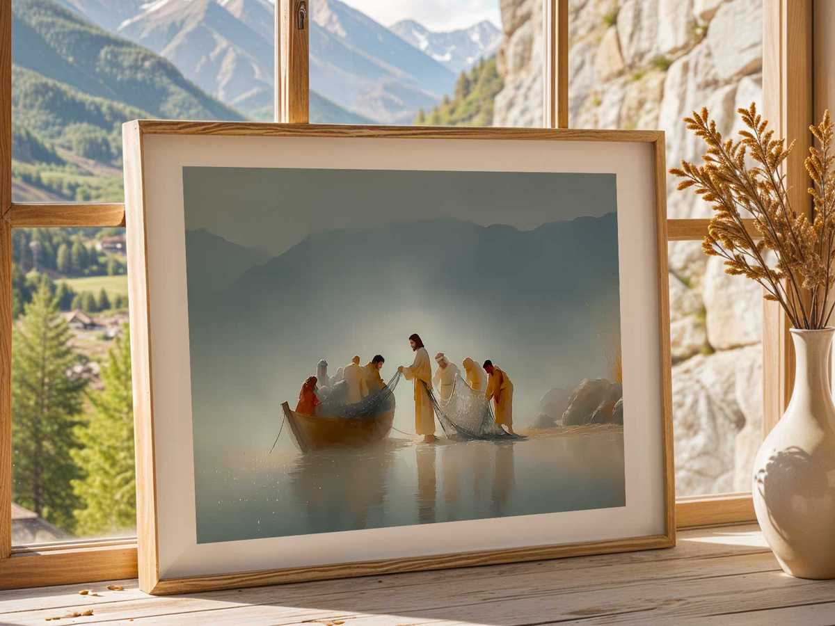 Two fishermen standing at the stern of a boat in the evening light, gazing at an overflowing net
