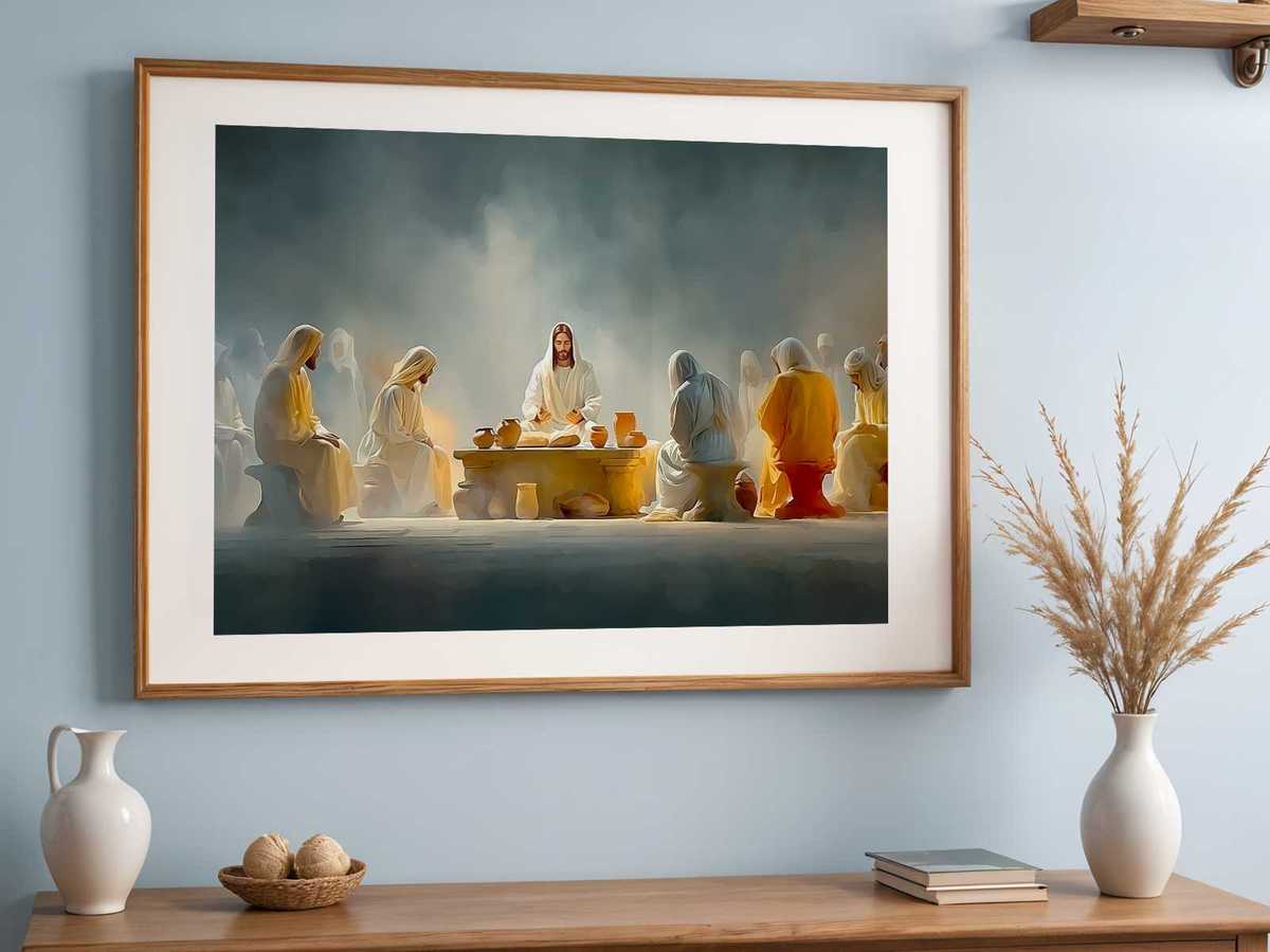 A family gathered in front of a framed Last Supper image, using it as a focal point for home prayer and contemplation