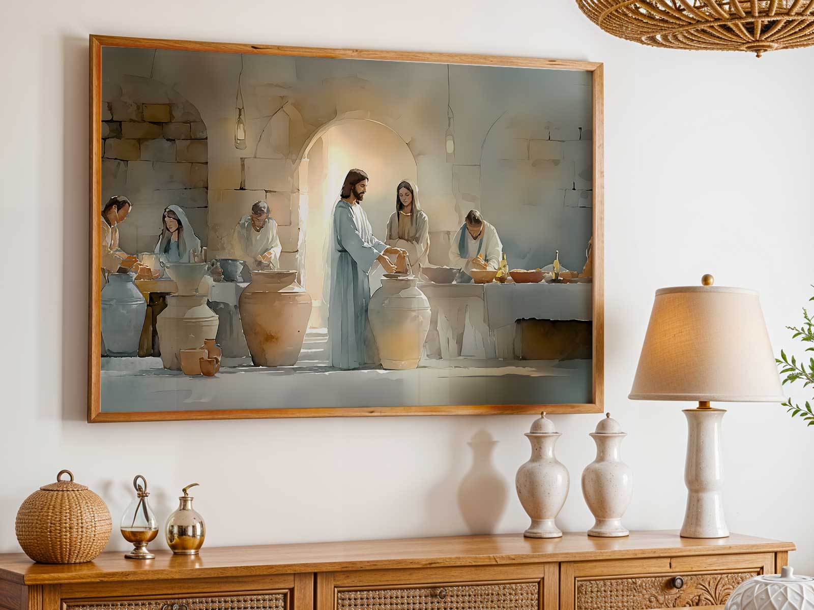 Feast table at Cana with guests sharing a meal and a subtle gesture toward communion and communal joy