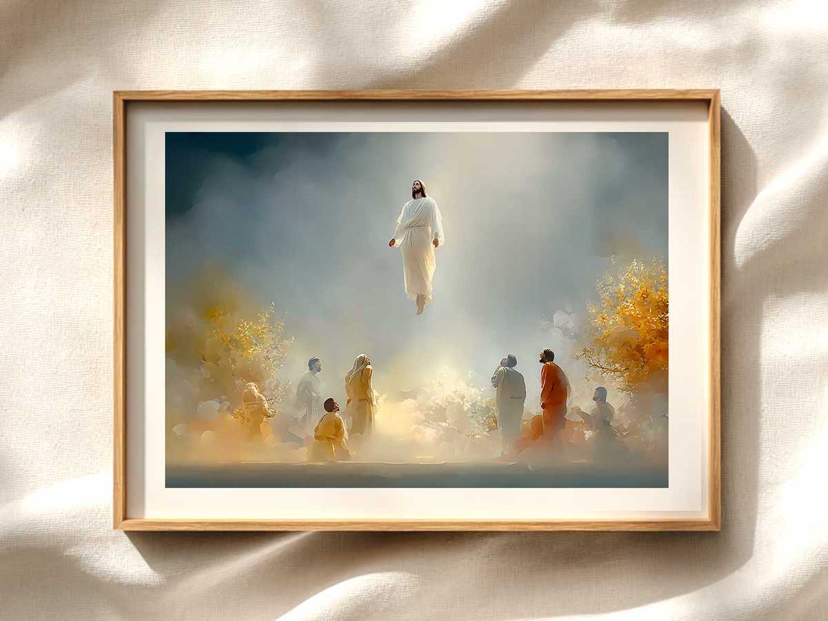 Close-up of the central figure of Christ ascending, rays of light radiating and the disciples below in awe